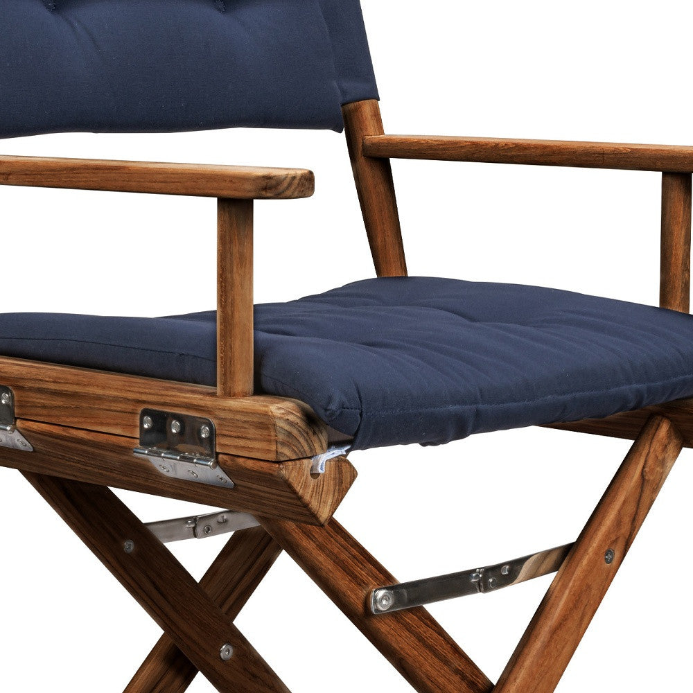 23" Navy Blue and Brown Solid Wood Indoor Outdoor Director Chair with Navy Blue Cushion