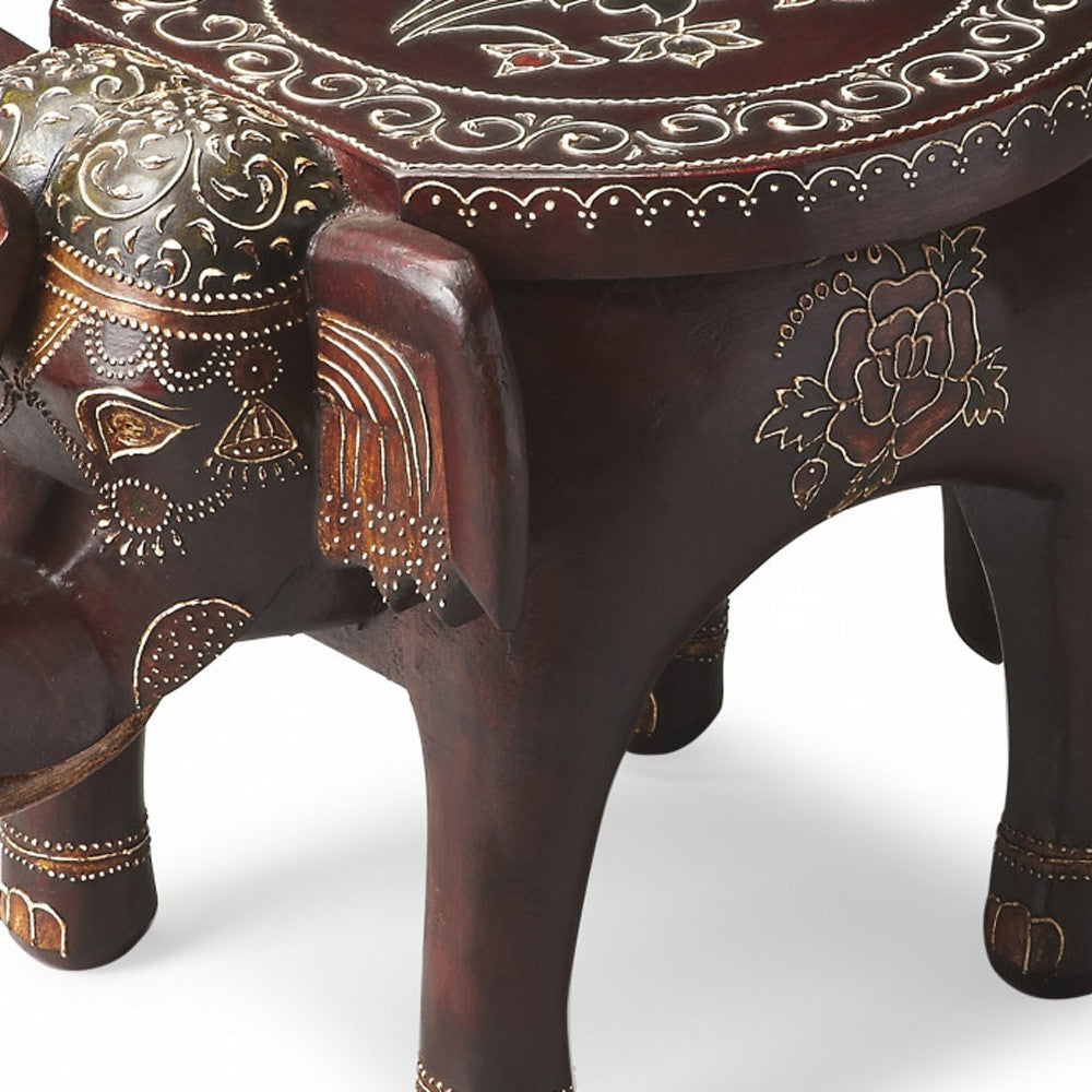 15" Warm Brown Hand Painted Floral 3D Elephant End Table