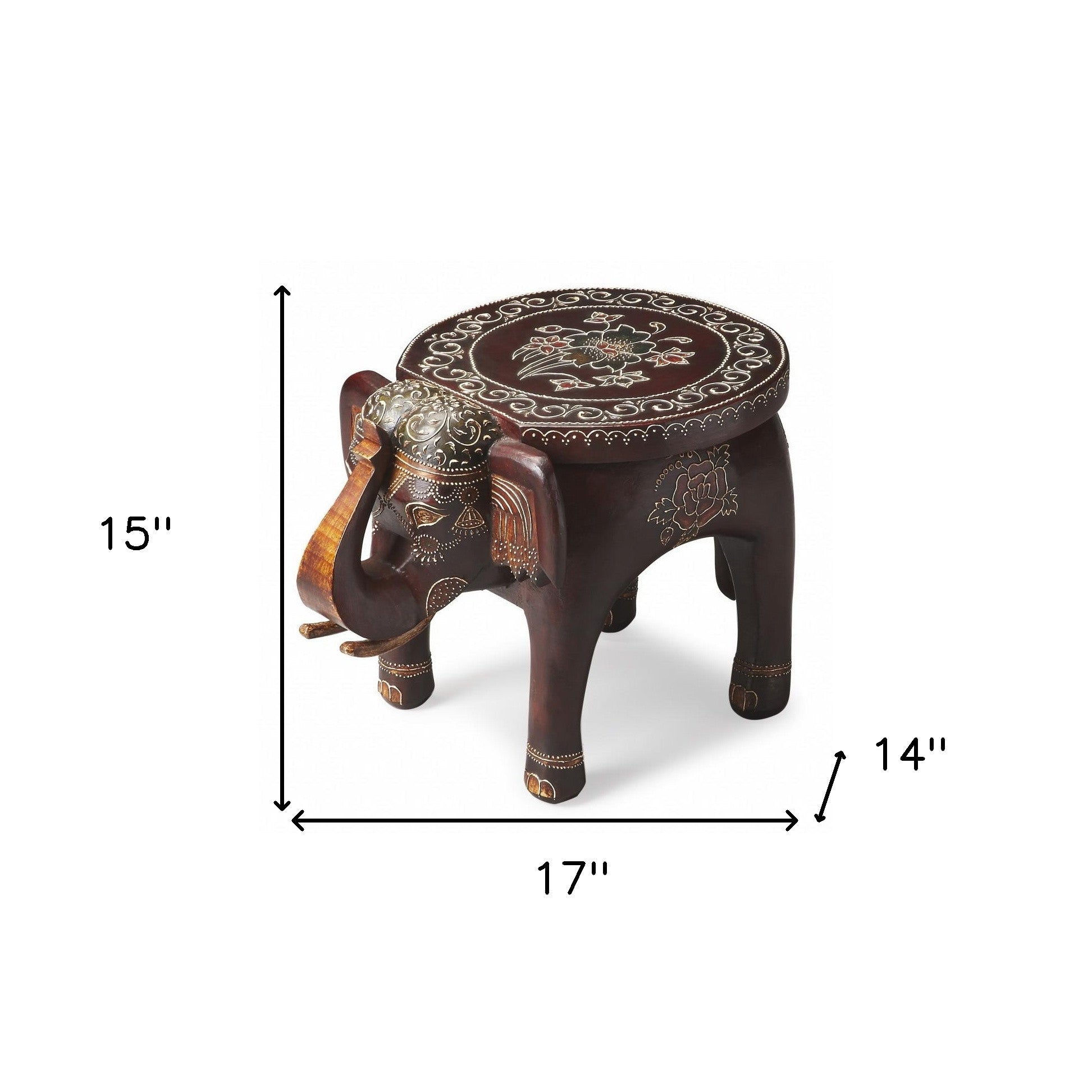 15" Warm Brown Hand Painted Floral 3D Elephant End Table