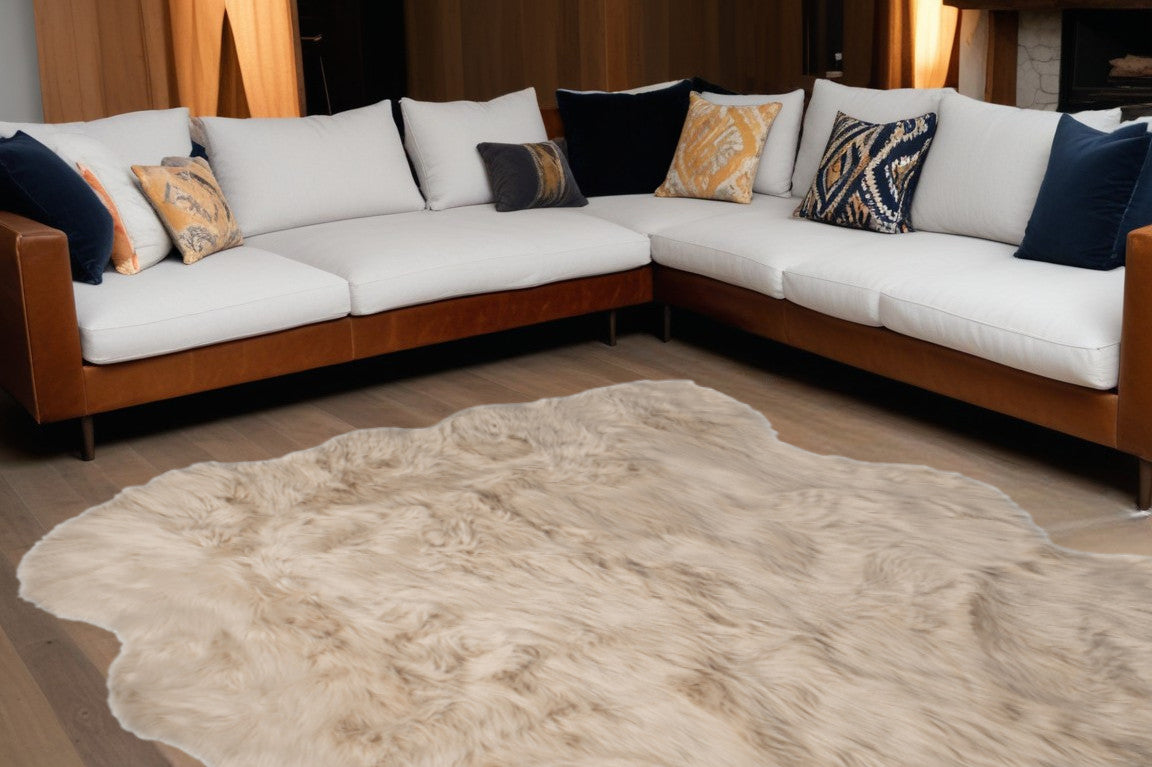 5' X 6' Taupe Faux Sheepskin Non Skid Area Rug