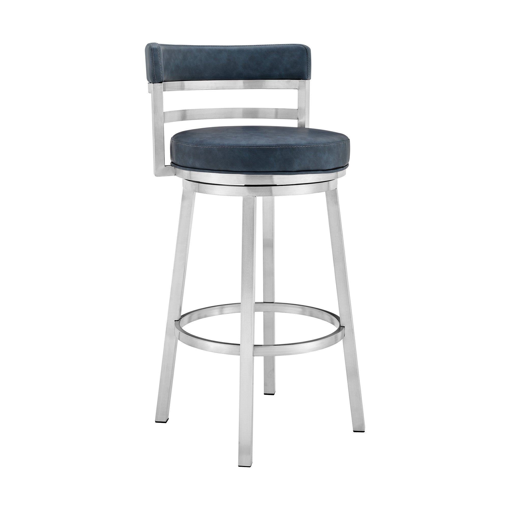 26" Blue And Silver Faux Leather And Stainless Steel Swivel Low Back Counter Height Bar Chair