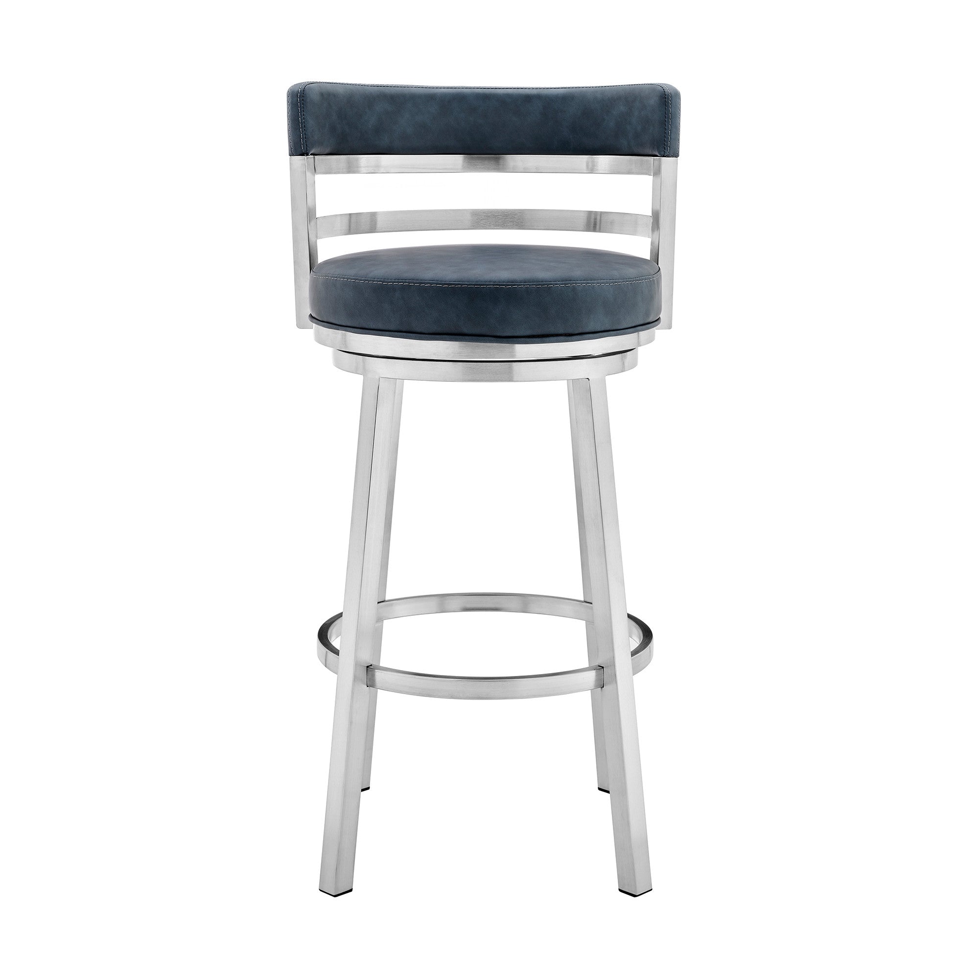 26" Blue And Silver Faux Leather And Stainless Steel Swivel Low Back Counter Height Bar Chair