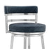 26" Blue And Silver Faux Leather And Stainless Steel Swivel Low Back Counter Height Bar Chair