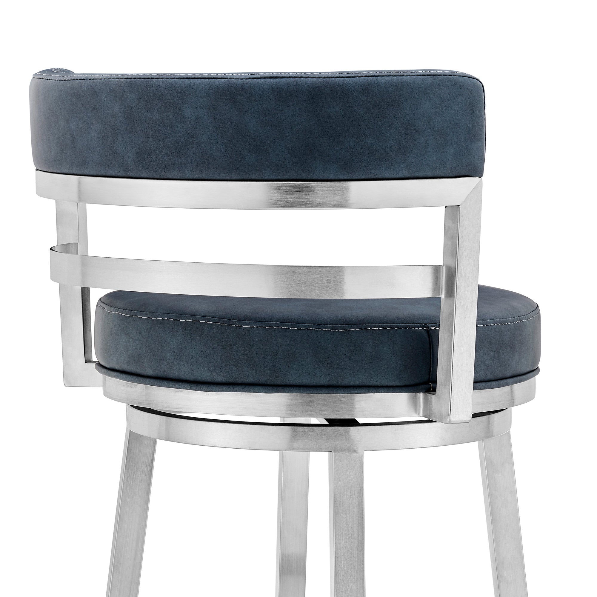 26" Blue And Silver Faux Leather And Stainless Steel Swivel Low Back Counter Height Bar Chair