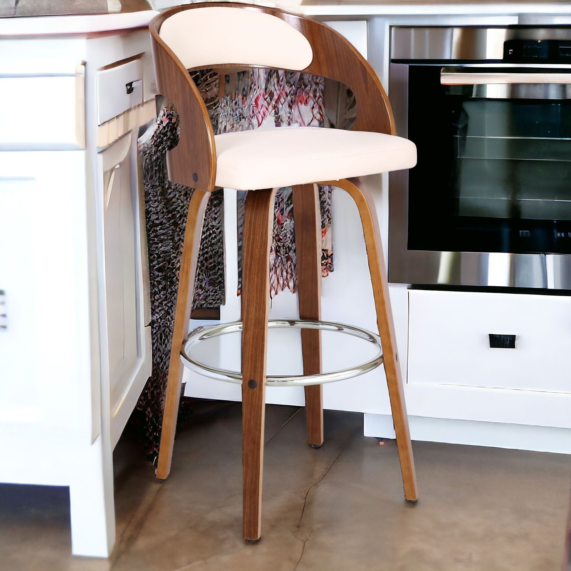 30" Cream And Brown Iron Swivel Low Back Bar Height Bar Chair