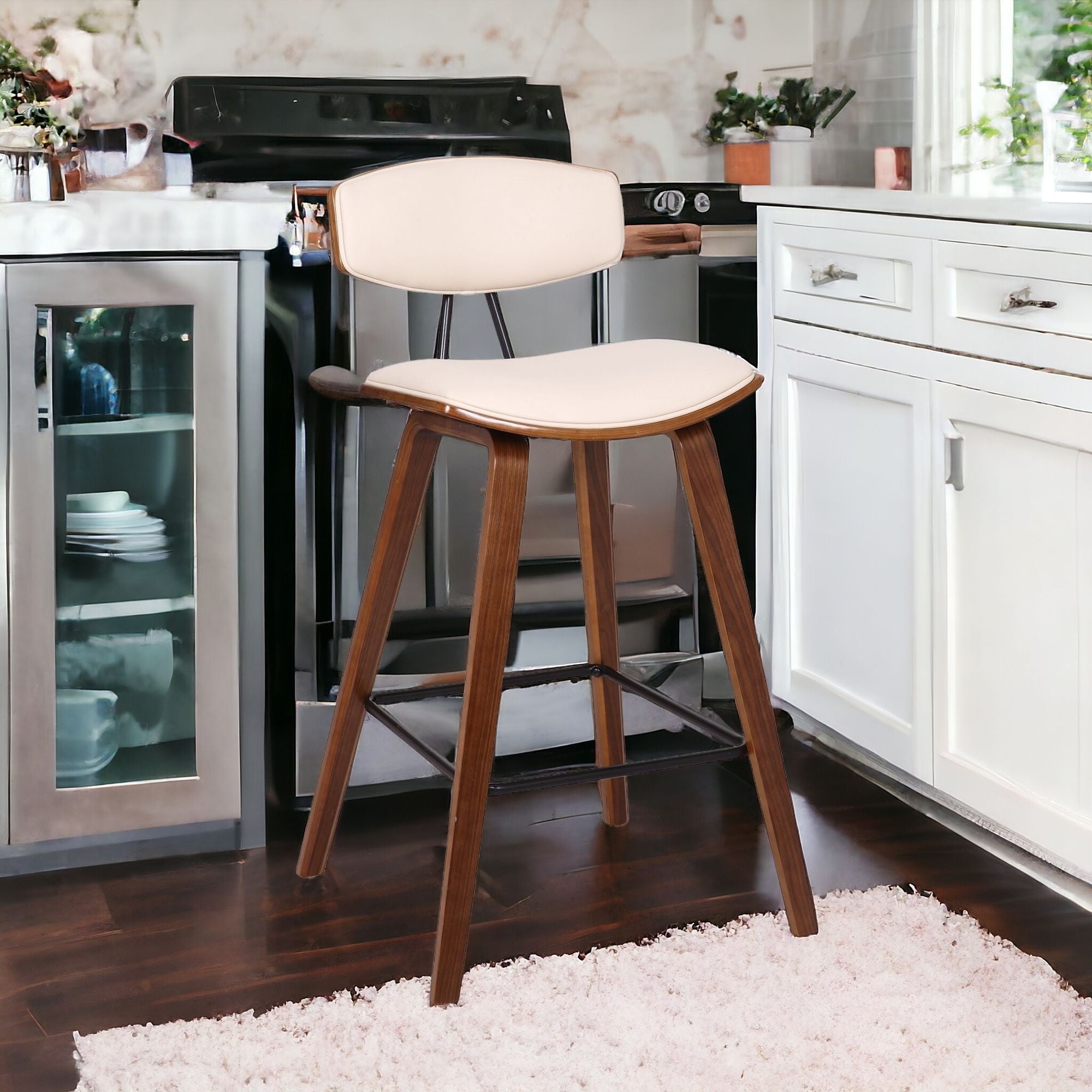 26" Cream And Brown Iron Low Back Counter Height Bar Chair