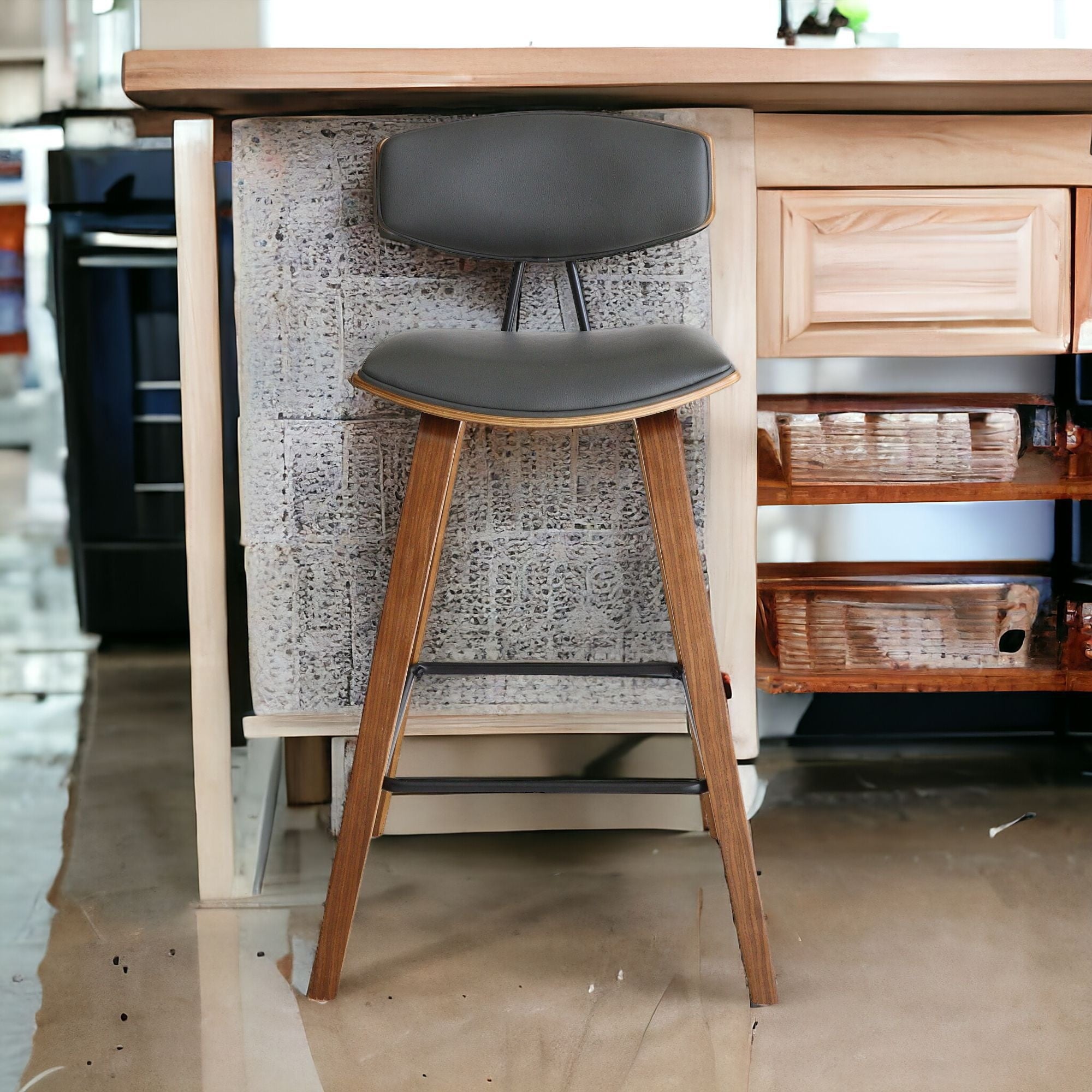 26" Gray And Brown Iron Low Back Counter Height Bar Chair