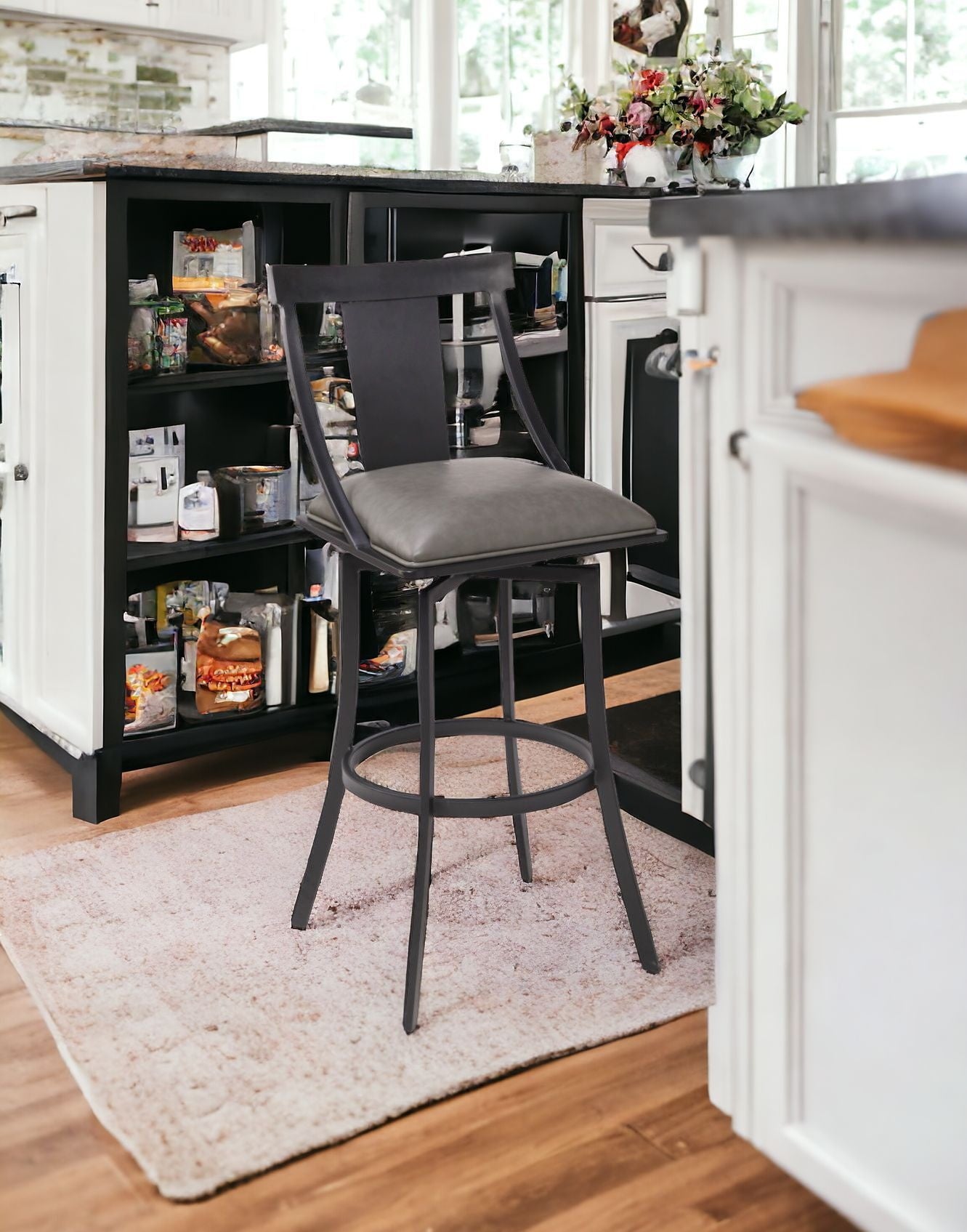 30" Gray And Black Iron Swivel Bar Height Bar Chair