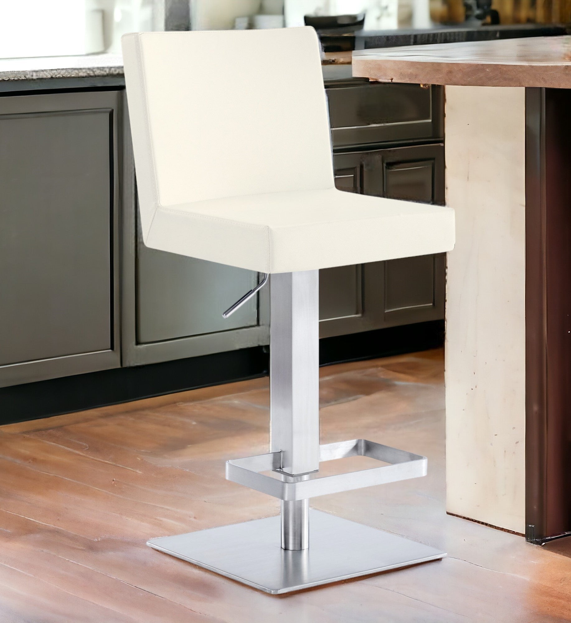 24" White And Silver Faux Leather And Iron Swivel Adjustable Height Bar Chair