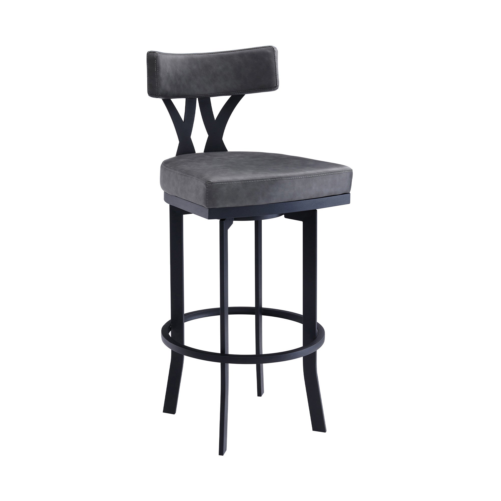 30" Gray And Black Faux Leather And Iron Low Back Bar Height Bar Chair