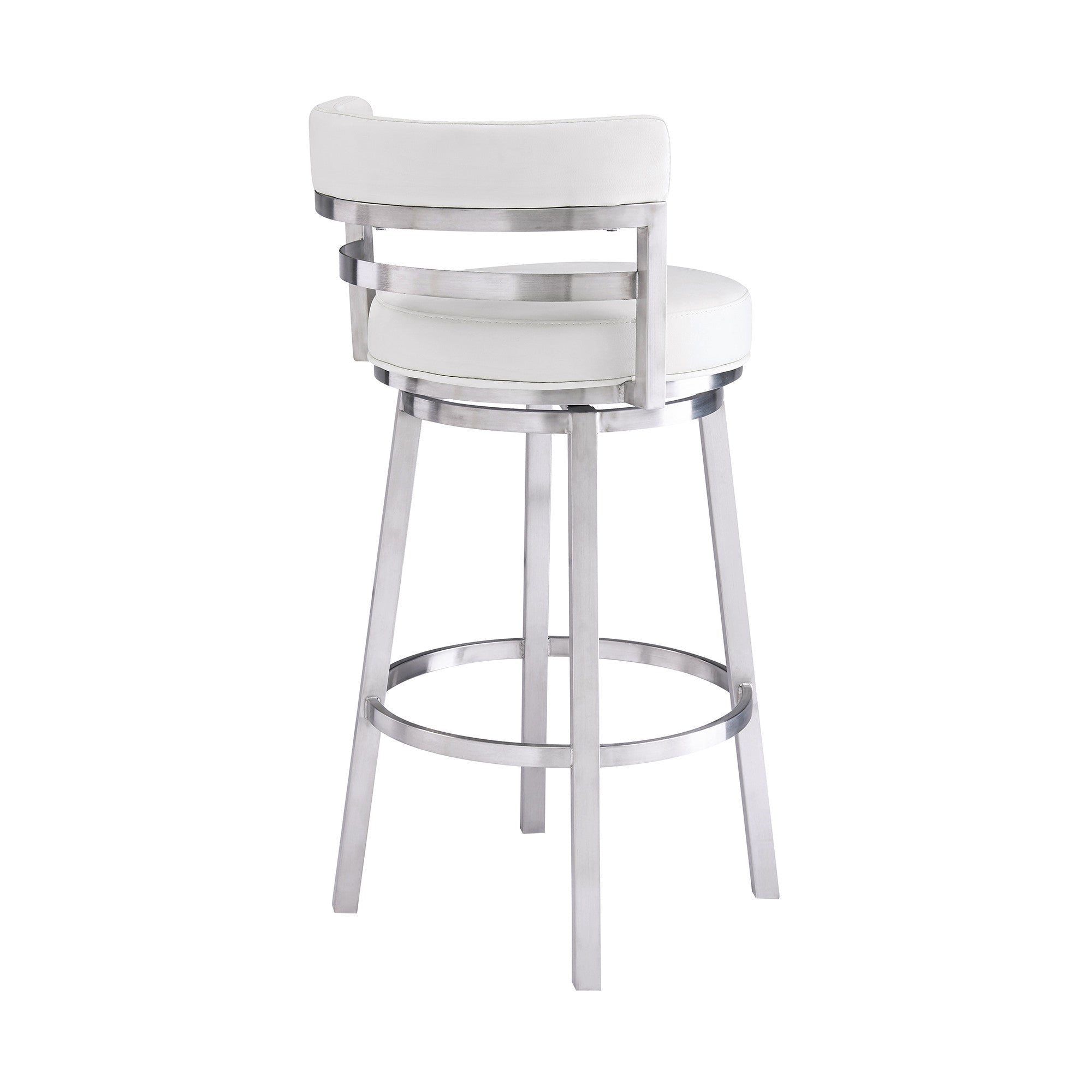 30" White And Silver Faux Leather And Iron Swivel Low Back Bar Height Bar Chair