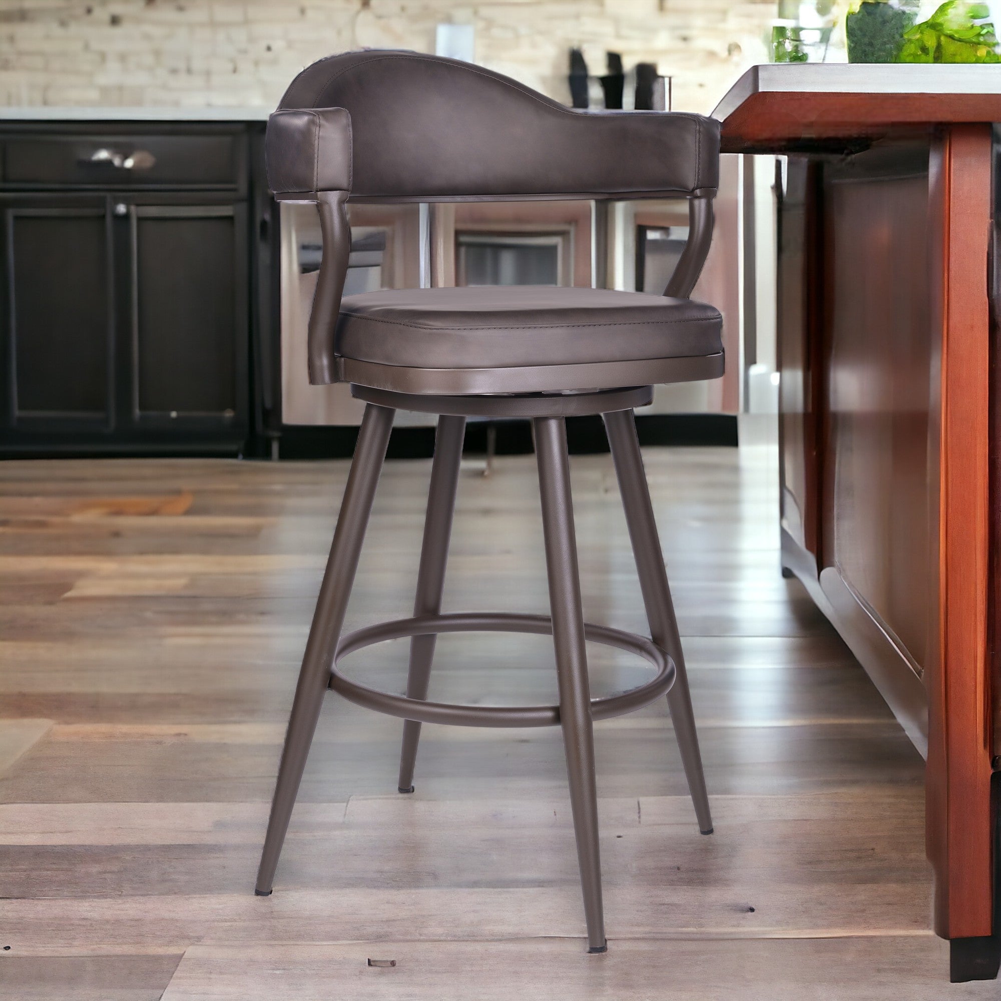 26" Brown Faux Leather And Iron Swivel Counter Height Bar Chair