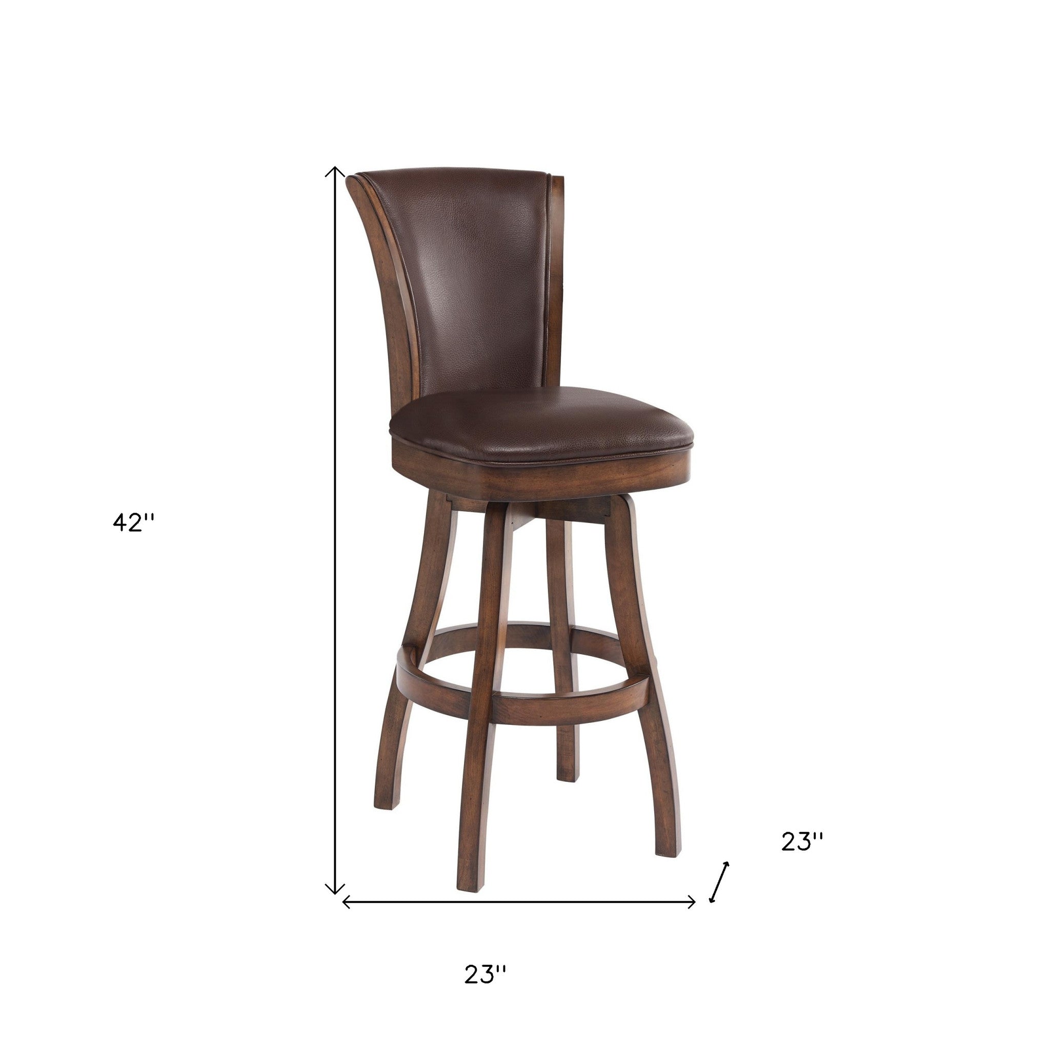 26" Brown And Chestnut Faux Leather And Solid Wood Swivel Counter Height Bar Chair