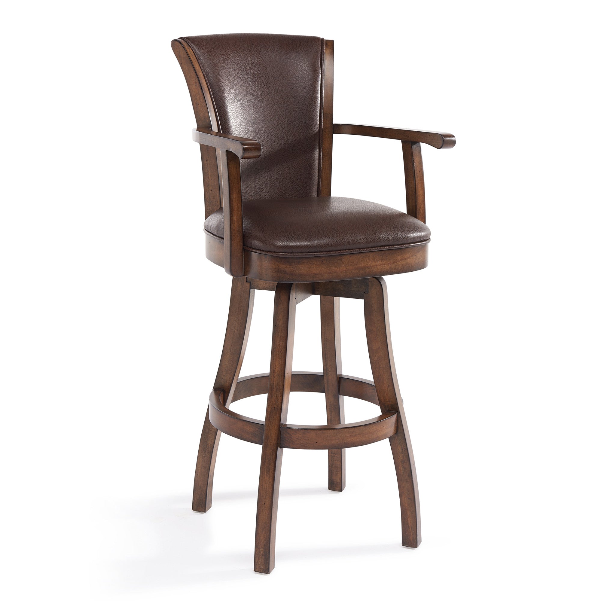 26" Brown And Chestnut Faux Leather And Solid Wood Swivel Counter Height Bar Chair