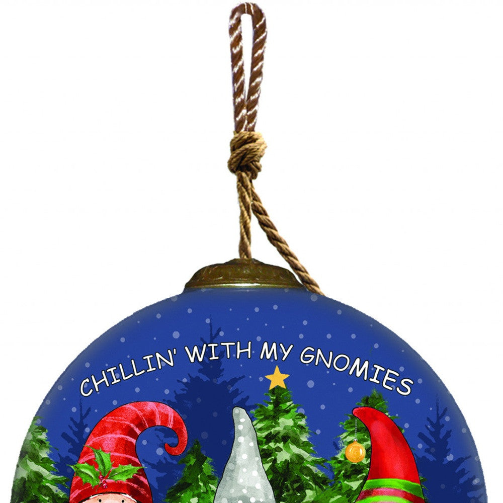 Casual Gnomes in Christmas Mode Hand Painted Mouth Blown Glass Ornament