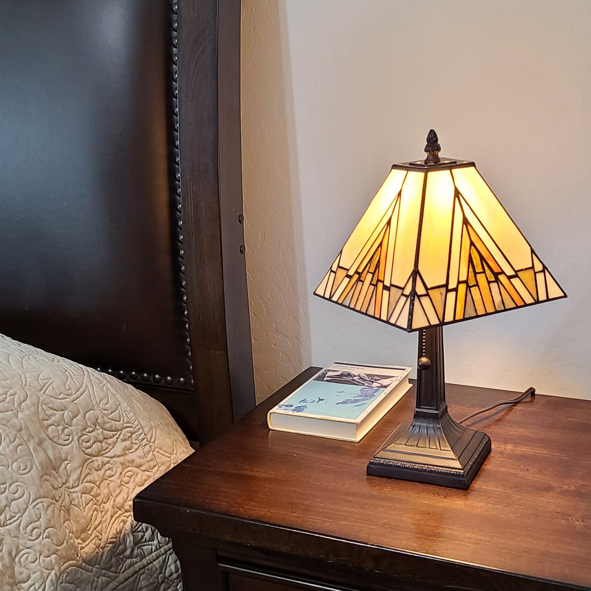 15" Dark Brown Metal Candlestick Table Lamp With Beige Shade