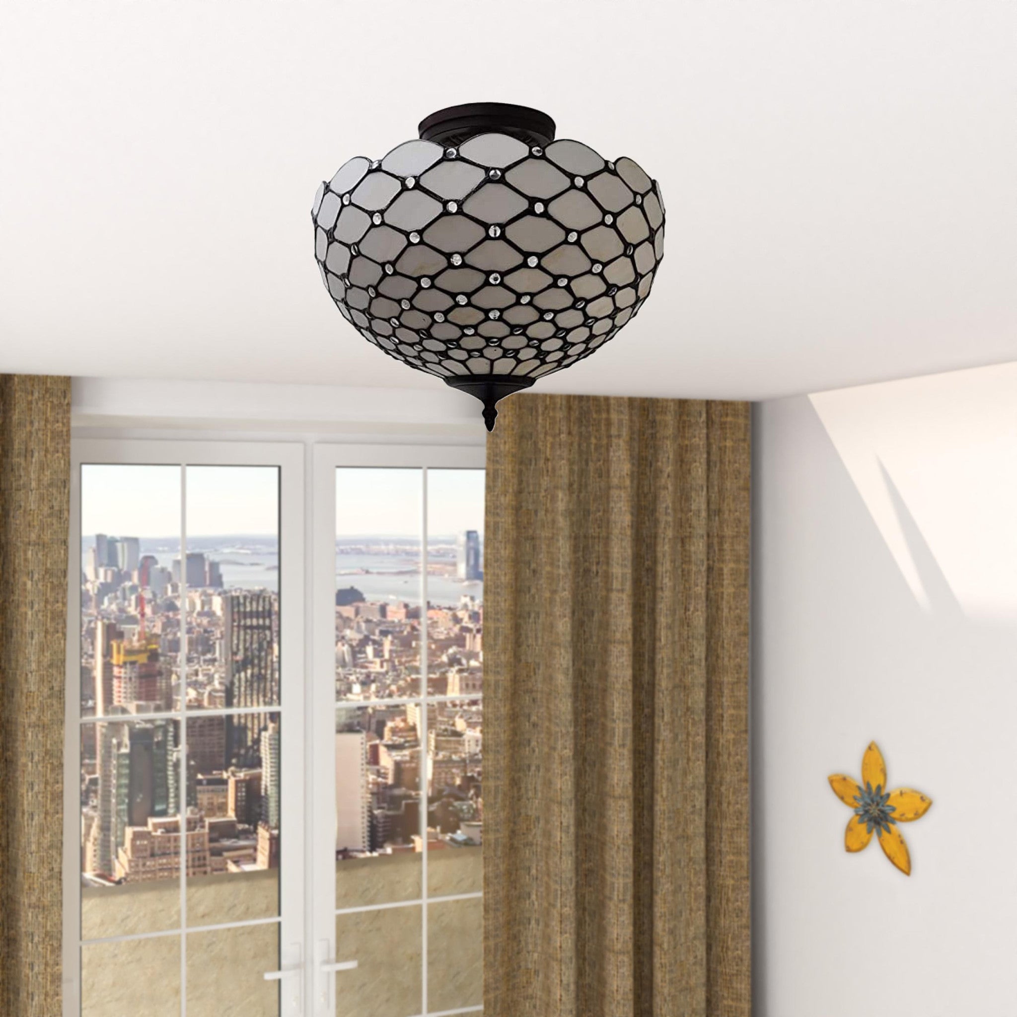 Black and White Tiffany Style Two Light Semi Flush Ceiling Lamp