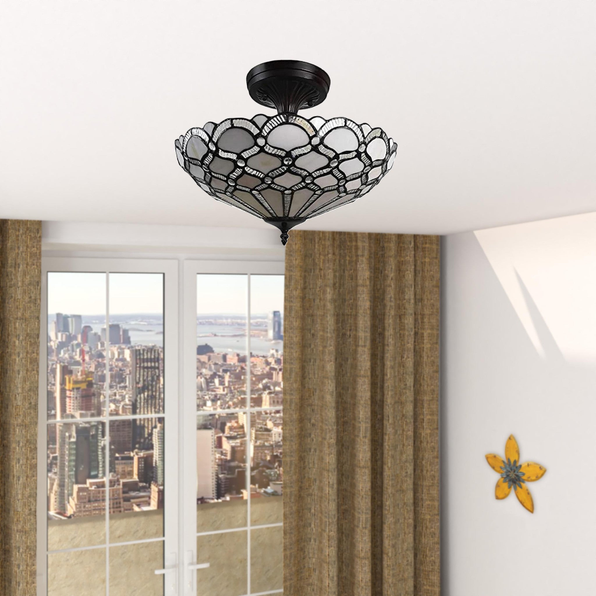 Black and Gray Two Light Tiffany Style Semi Flush Dimmable Ceiling LIght