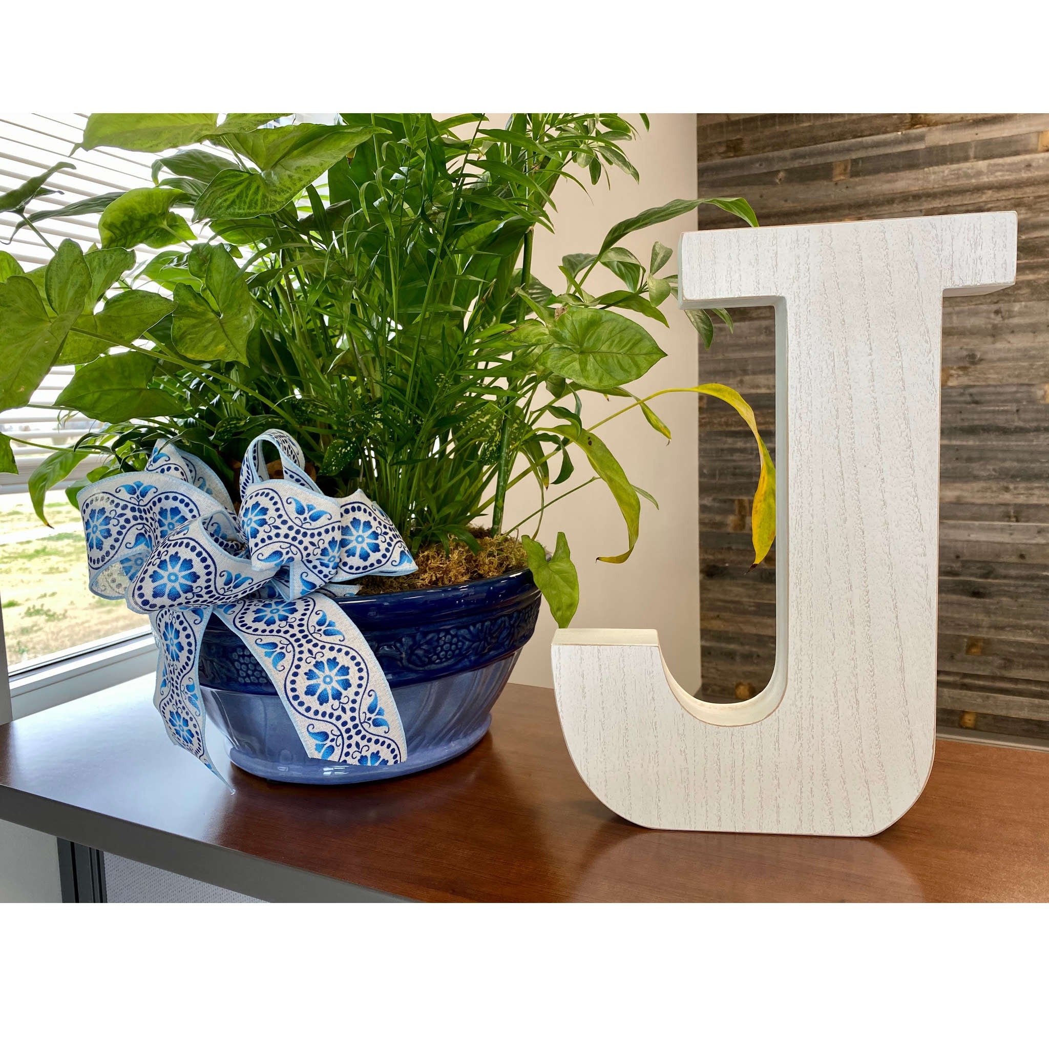 16" Distressed White Wash Wooden Initial Letter J Sculpture