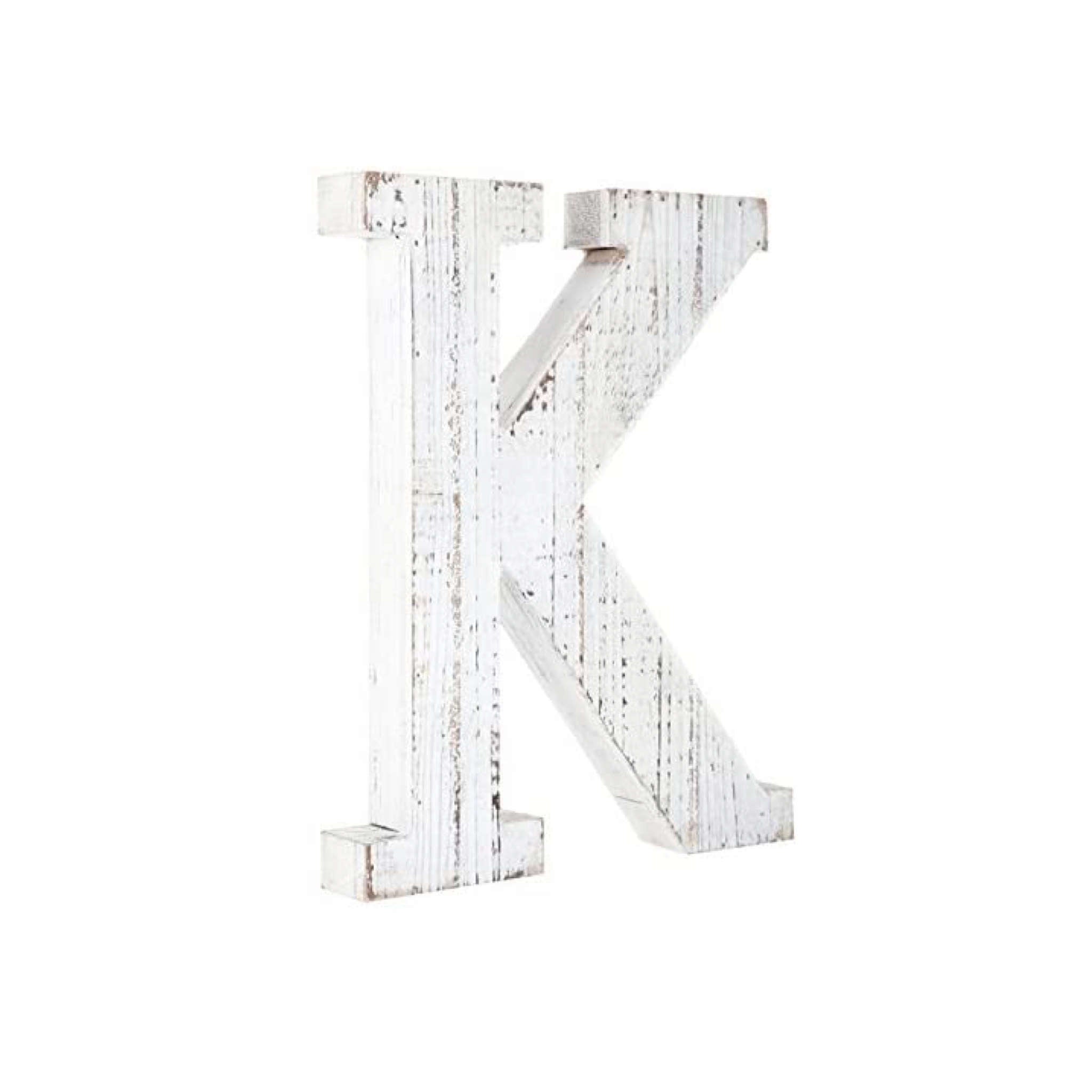 16" Distressed White Wash Wooden Initial Letter K Sculpture