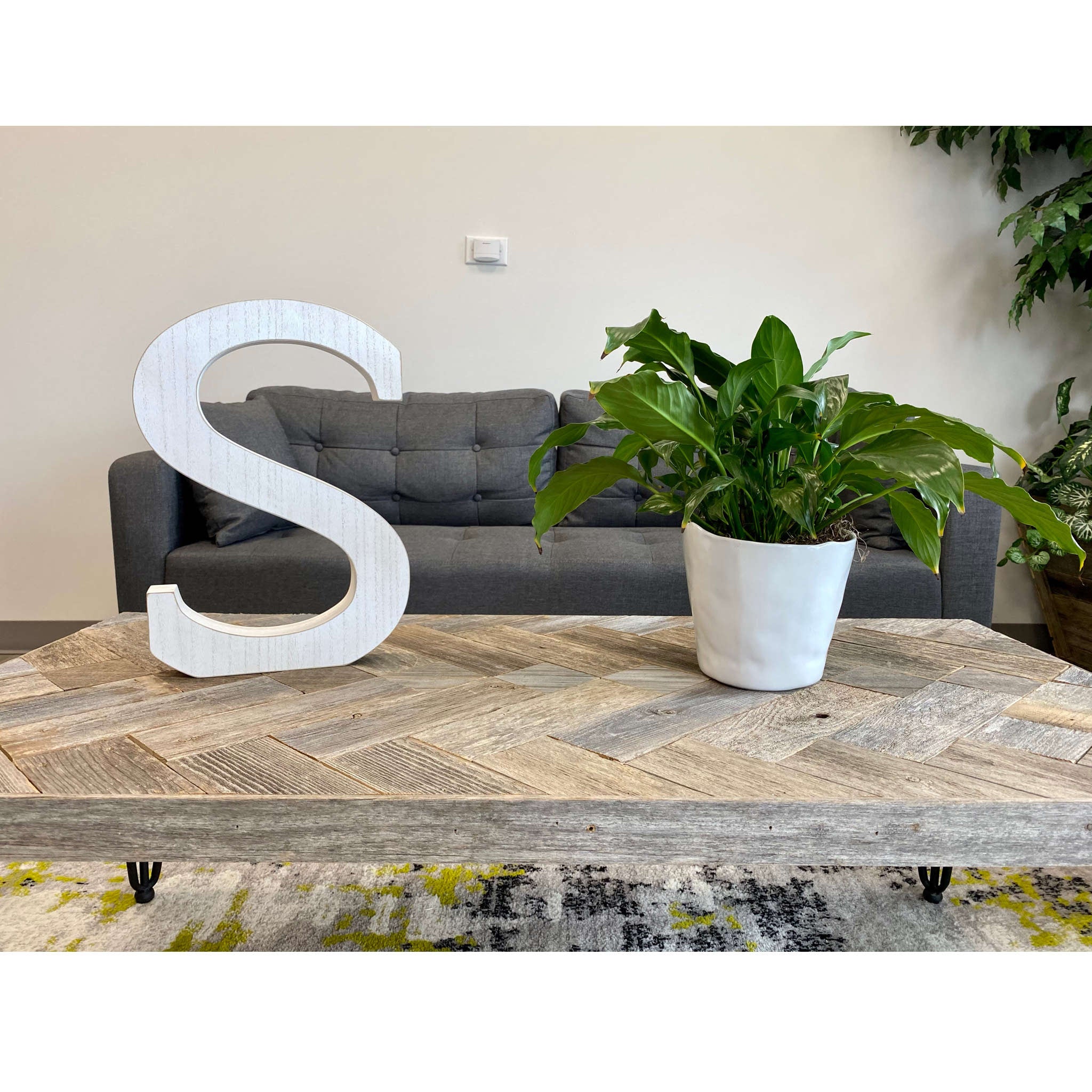 16" Distressed White Wash Wooden Initial Letter S Sculpture