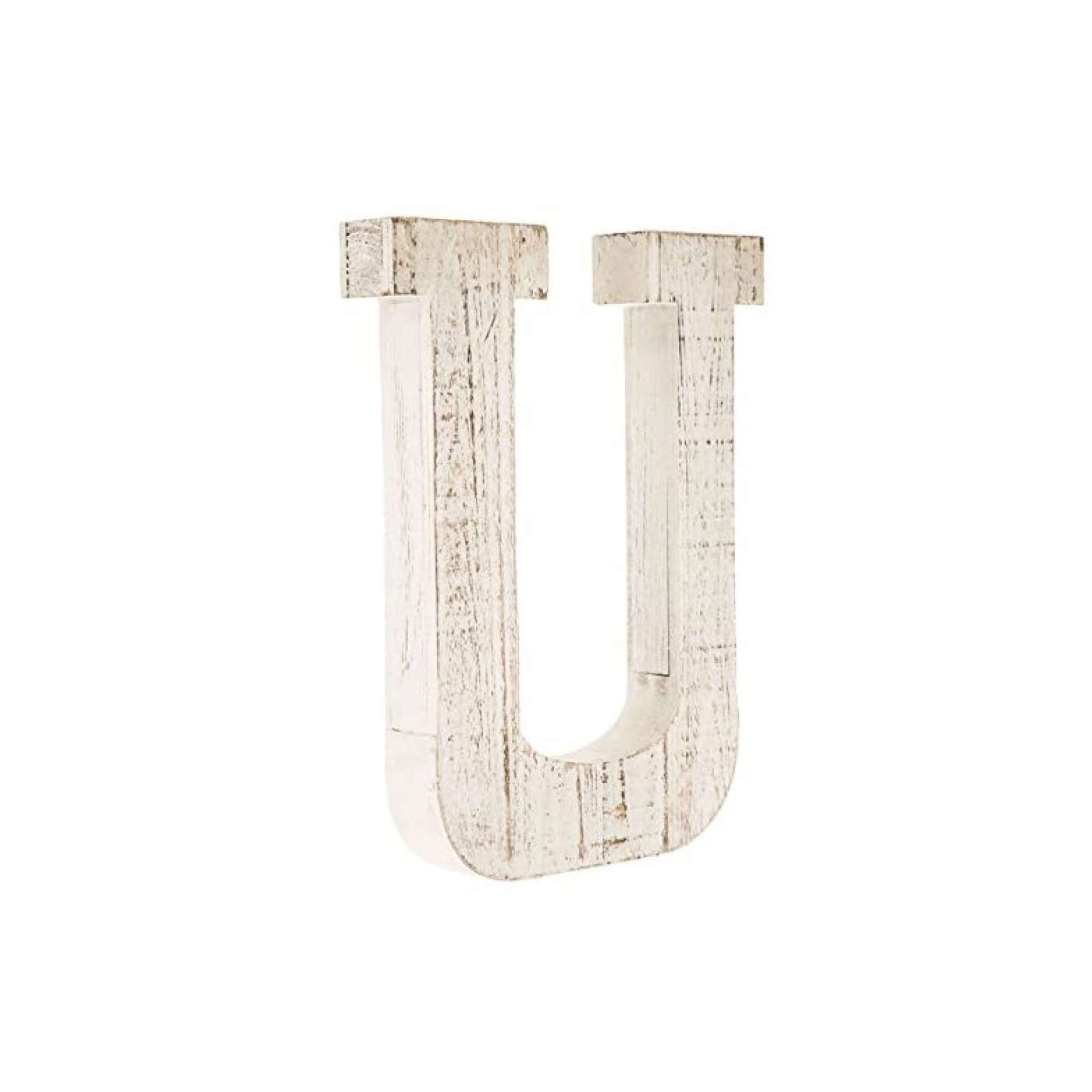 16" Distressed White Wash Wooden Initial Letter U Sculpture