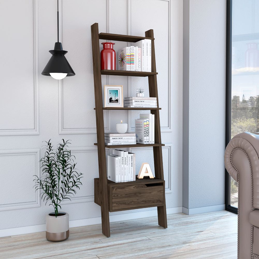 70" Brown Five Tier Ladder Bookcase with A Drawer