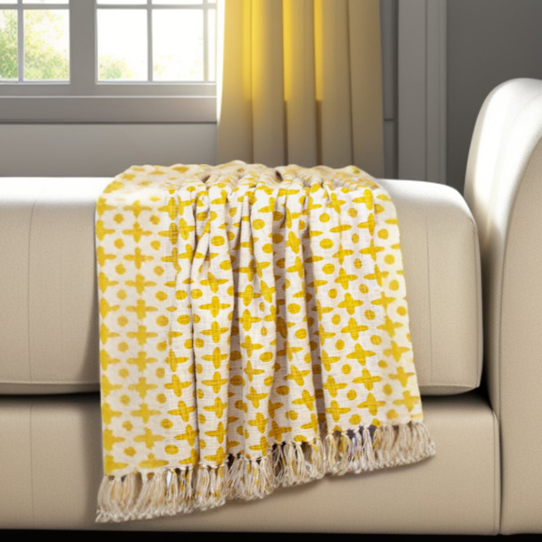 Yellow Woven Cotton Abstract Throw Blanket