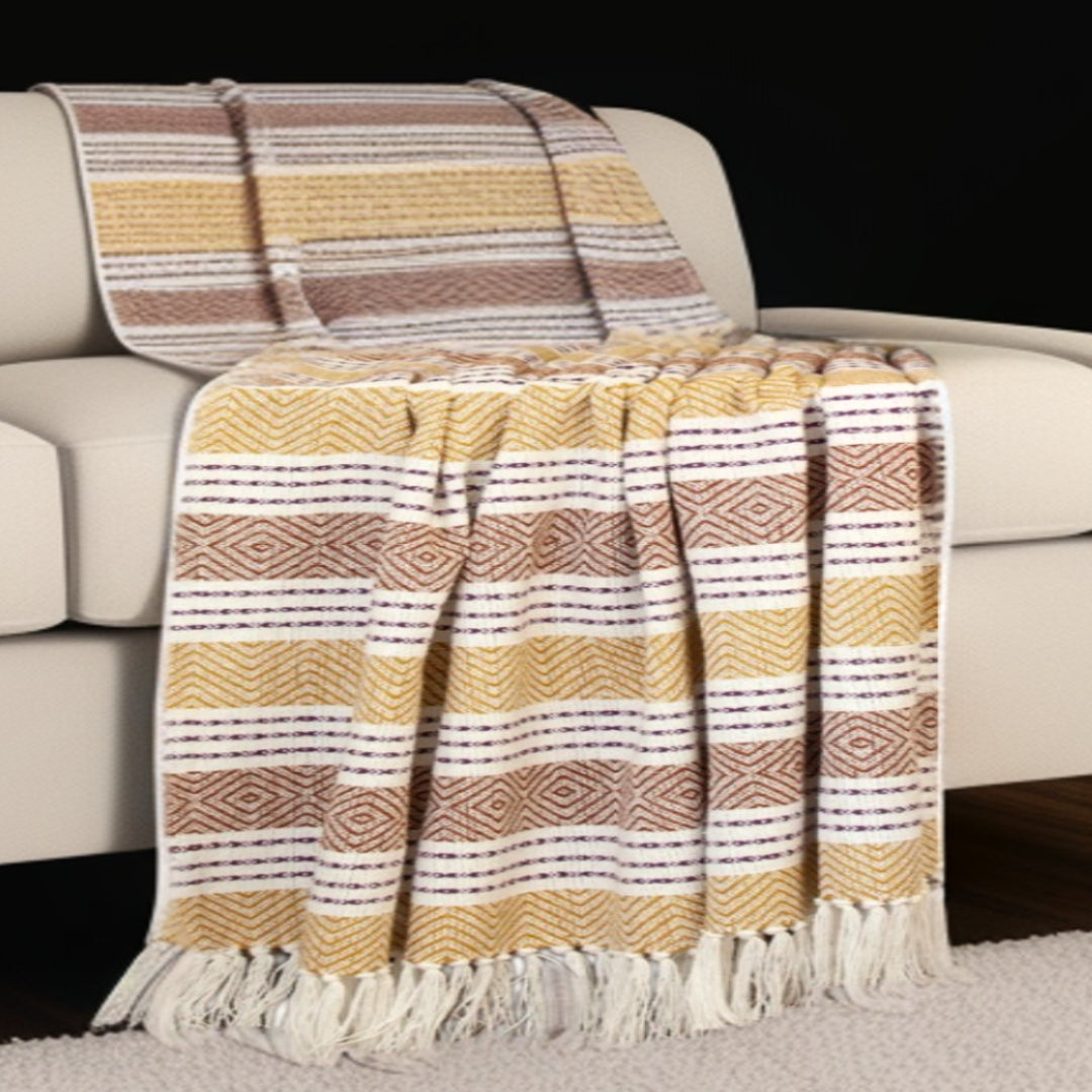 Mustard Woven Cotton Striped Throw Blanket