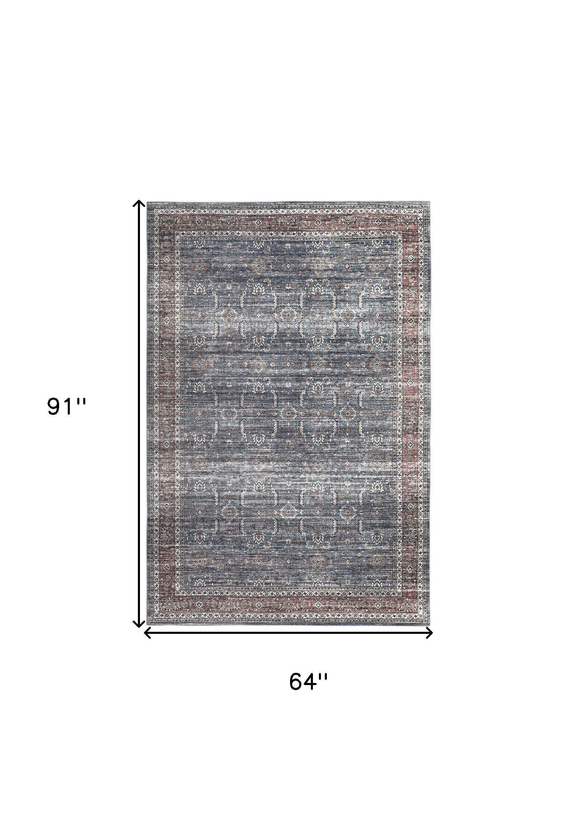 5' X 8' Blue Oriental Distressed Stain Resistant Area Rug