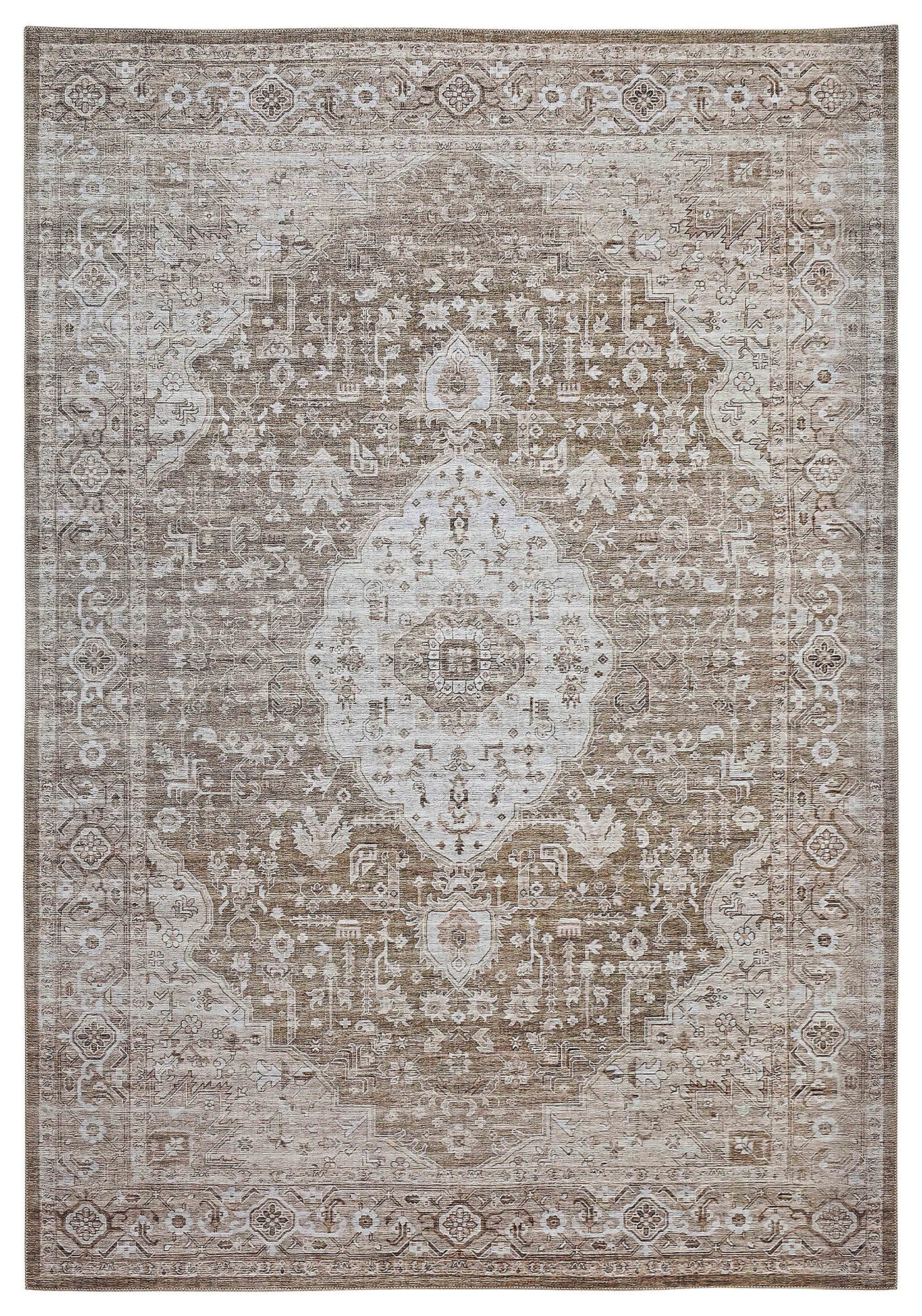 5' X 8' Beige Oriental Power Loom Distressed Stain Resistant Area Rug