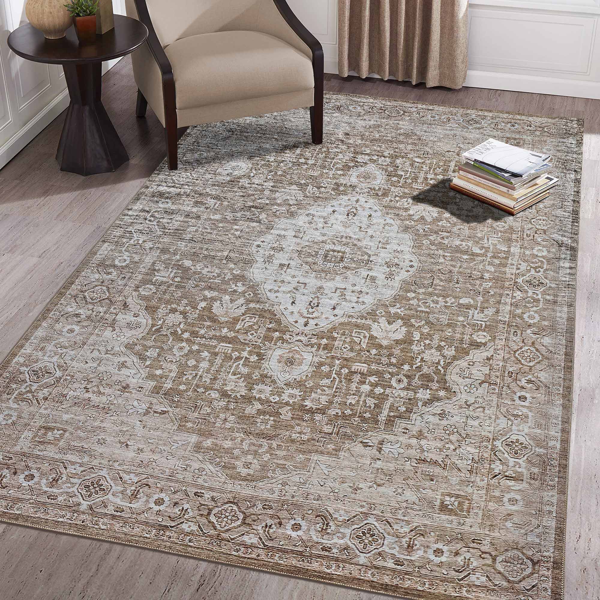 5' X 8' Beige Oriental Power Loom Distressed Stain Resistant Area Rug