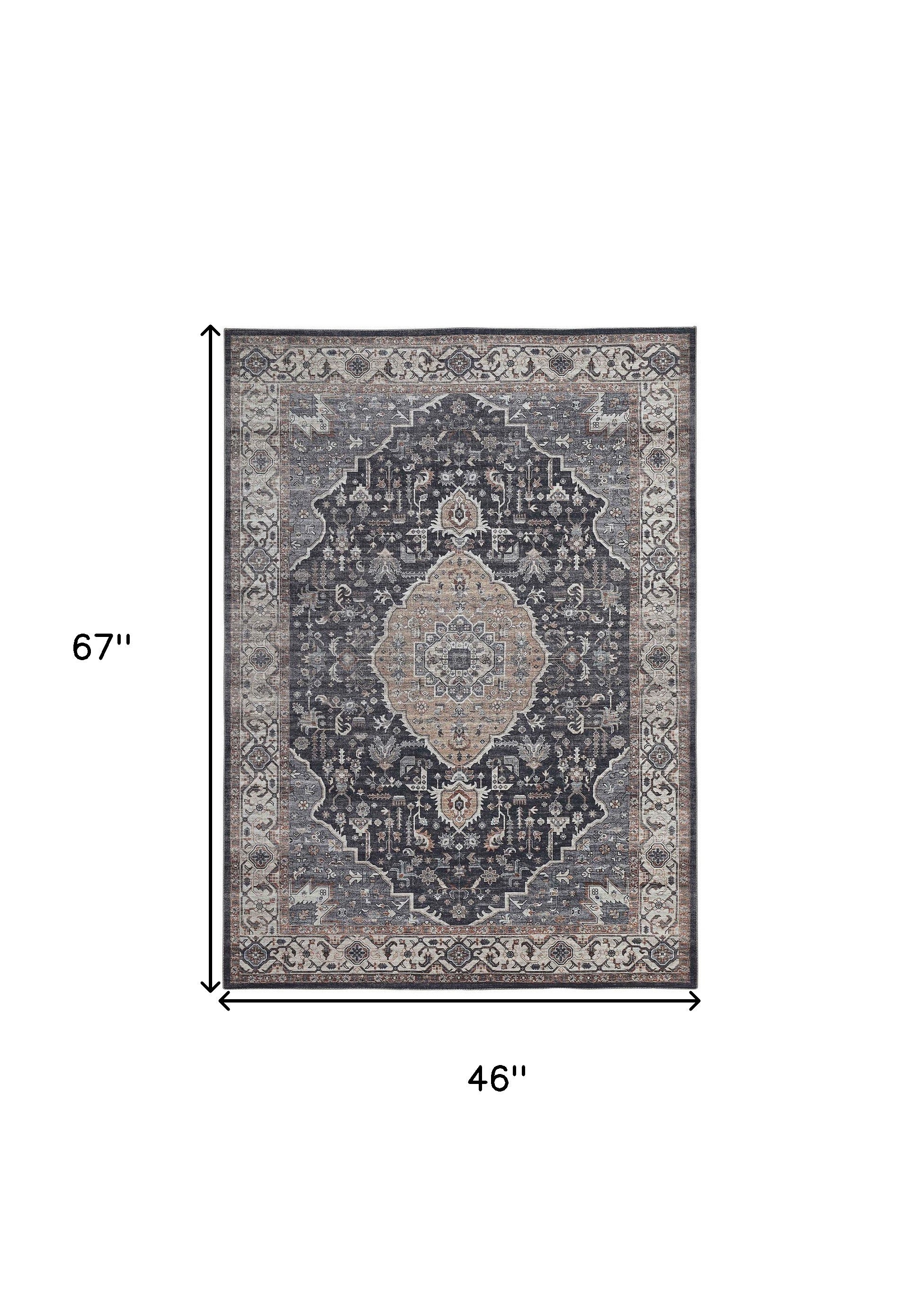 4' X 6' Black Oriental Power Loom Stain Resistant Area Rug