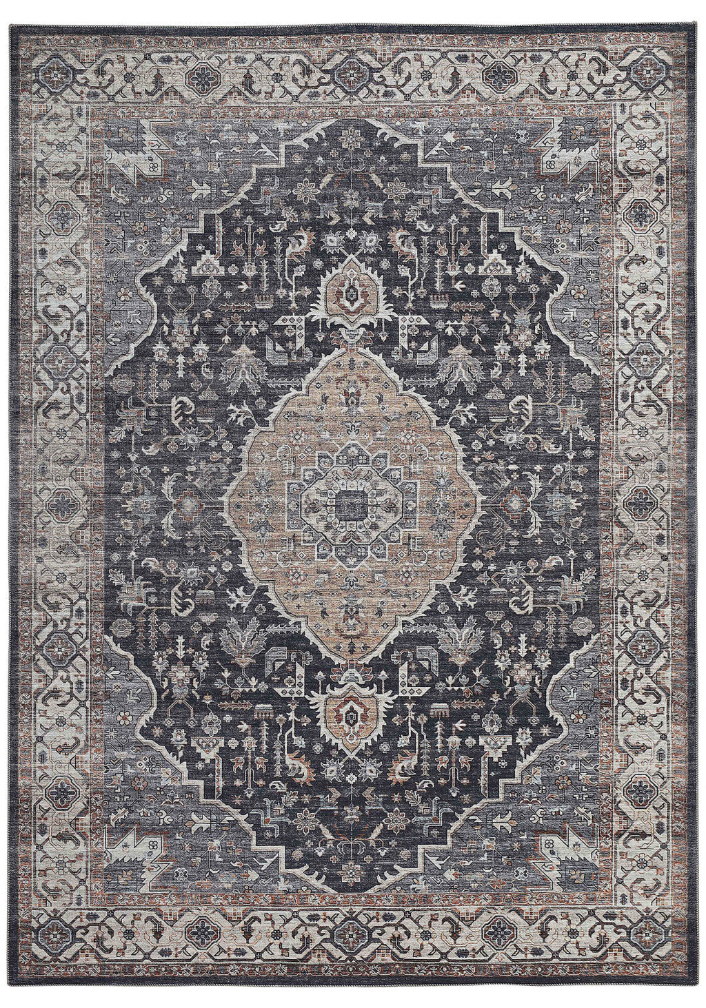 4' X 6' Black Oriental Power Loom Stain Resistant Area Rug