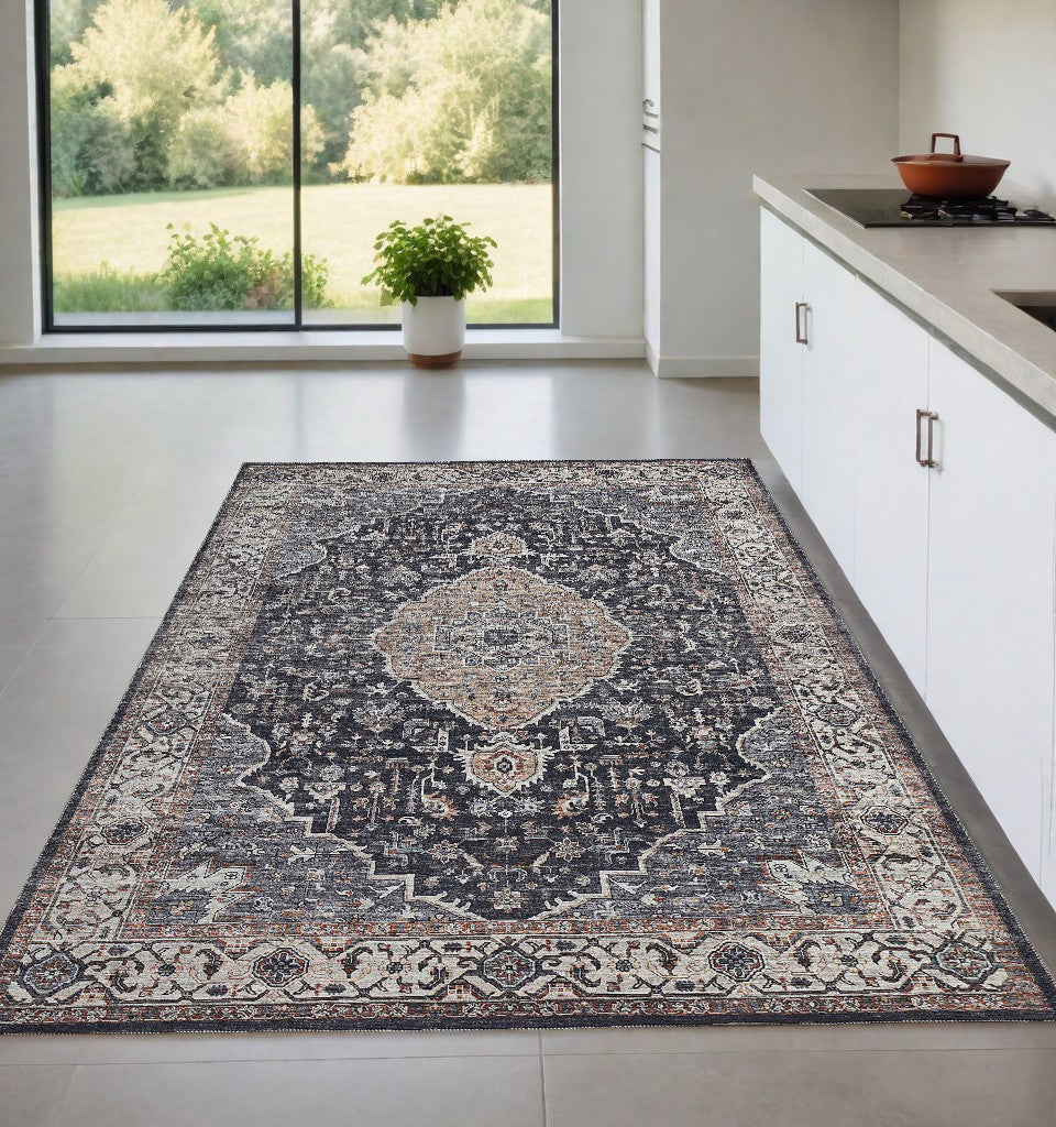 4' X 6' Black Oriental Power Loom Stain Resistant Area Rug