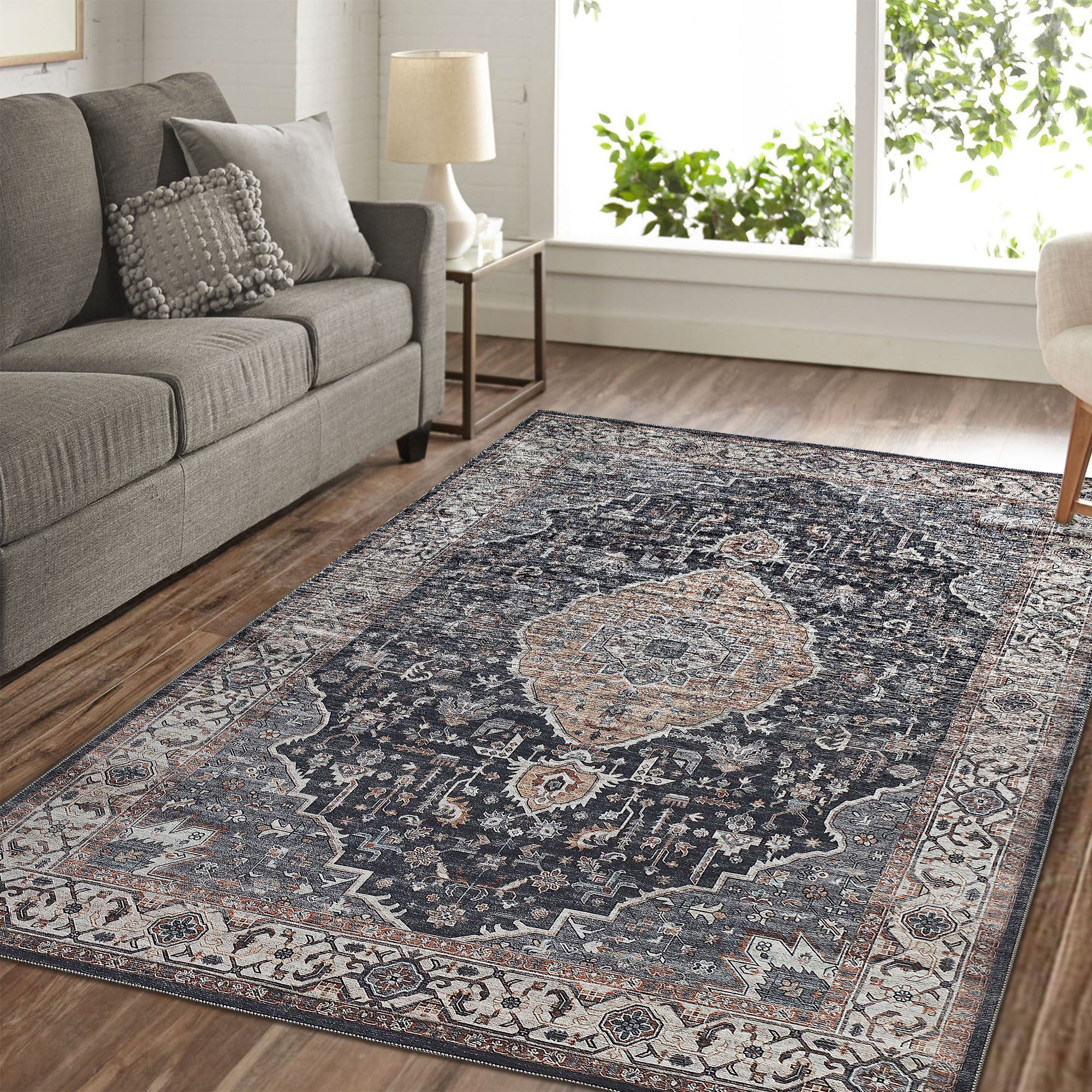 4' X 6' Black Oriental Power Loom Stain Resistant Area Rug