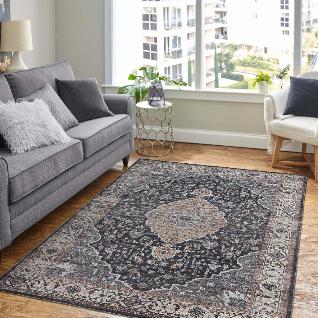 4' X 6' Black Oriental Power Loom Stain Resistant Area Rug