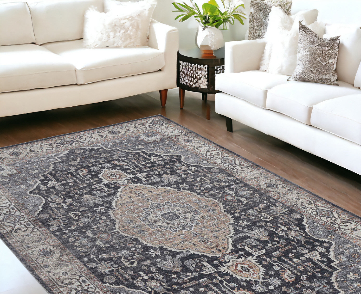 8' X 10' Black Oriental Stain Resistant Area Rug