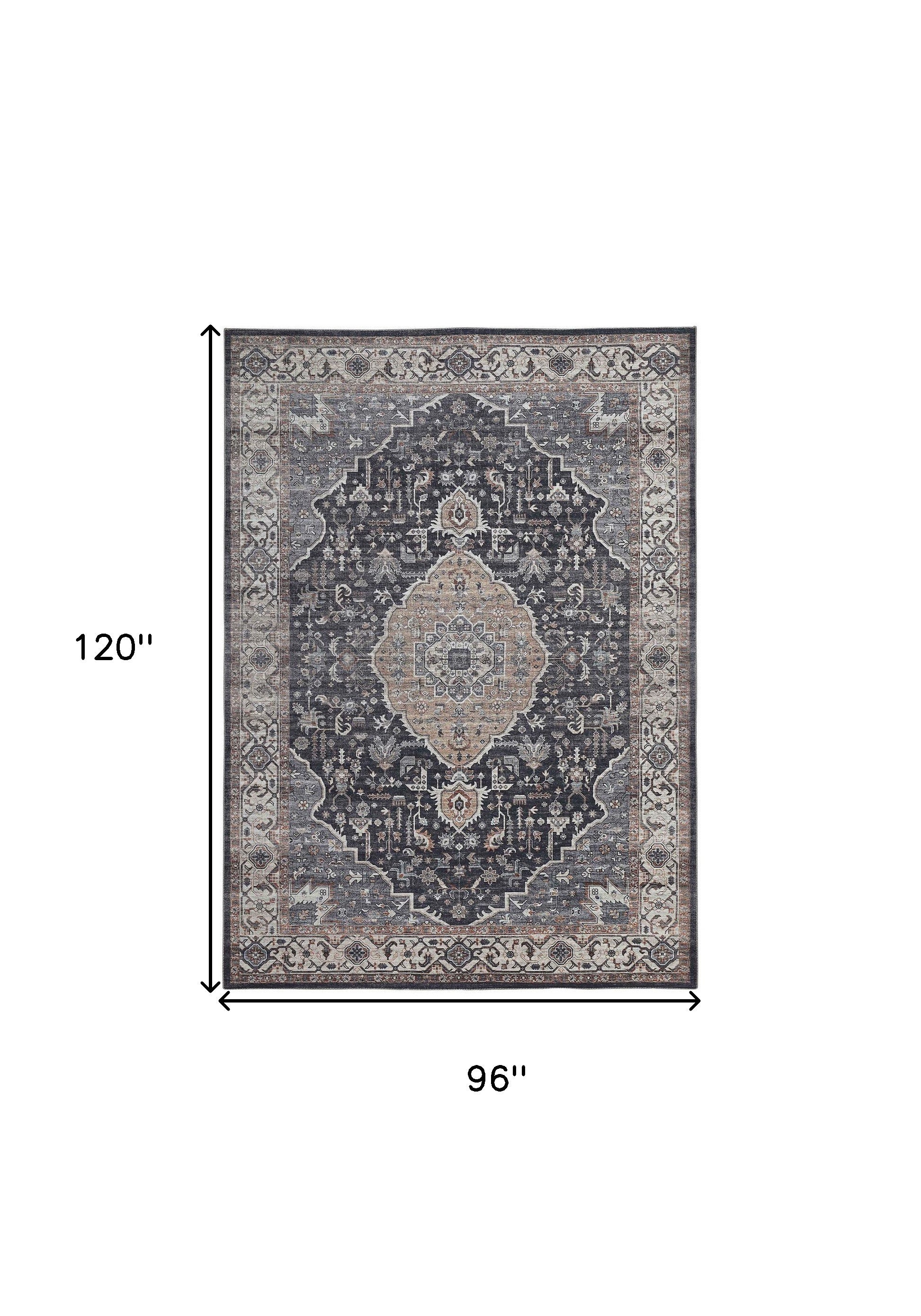 8' X 10' Black Oriental Stain Resistant Area Rug