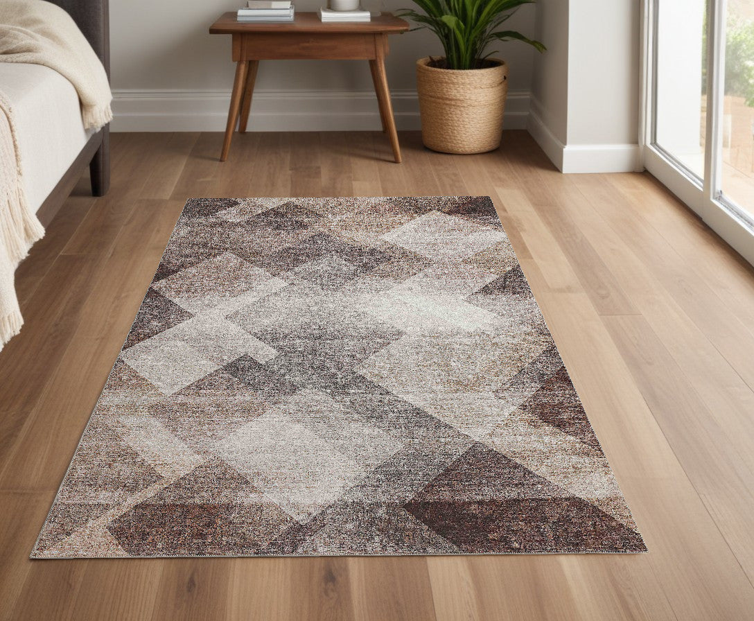 4' X 6' Brown Geometric Stain Resistant Area Rug