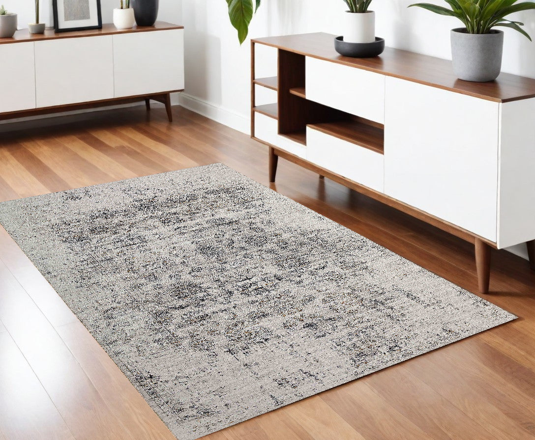 4' x 6' Gray and Black Oriental Power Loom Distressed Area Rug