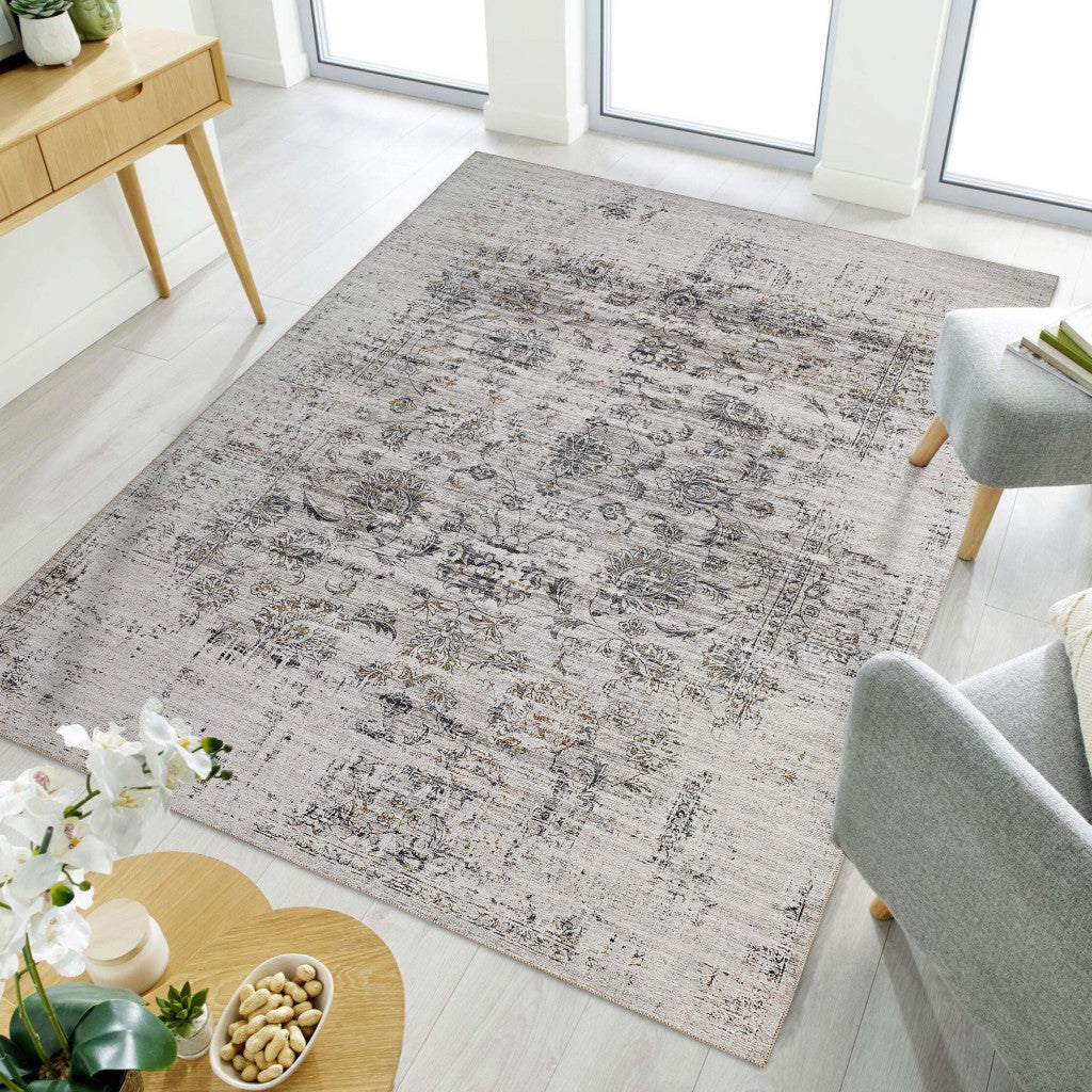 4' x 6' Gray and Black Oriental Power Loom Distressed Area Rug