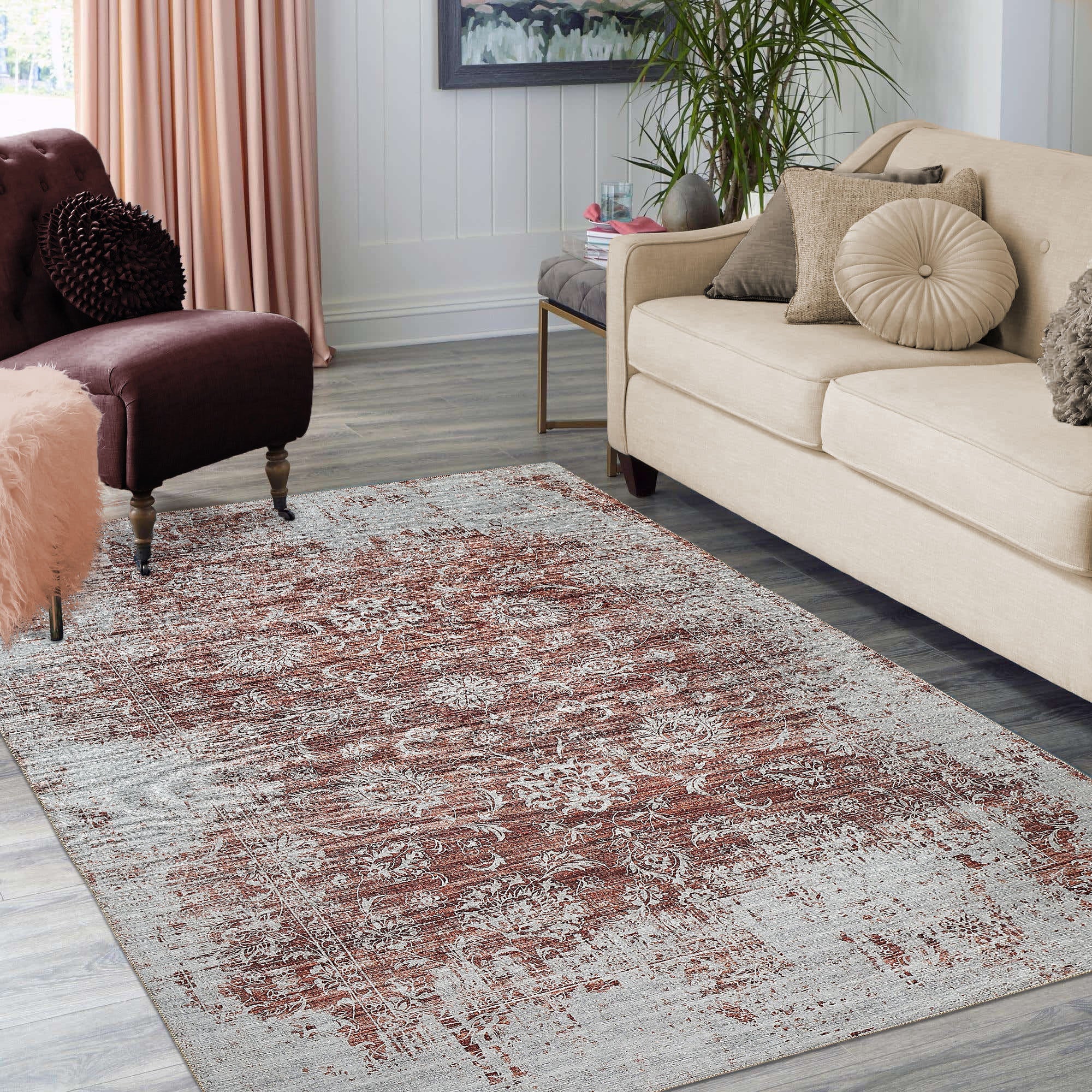 4' X 6' Rust Oriental Distressed Stain Resistant Area Rug