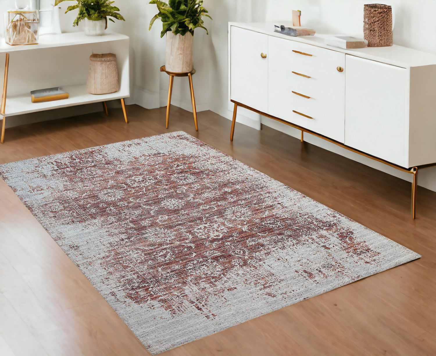 4' X 6' Rust Oriental Distressed Stain Resistant Area Rug