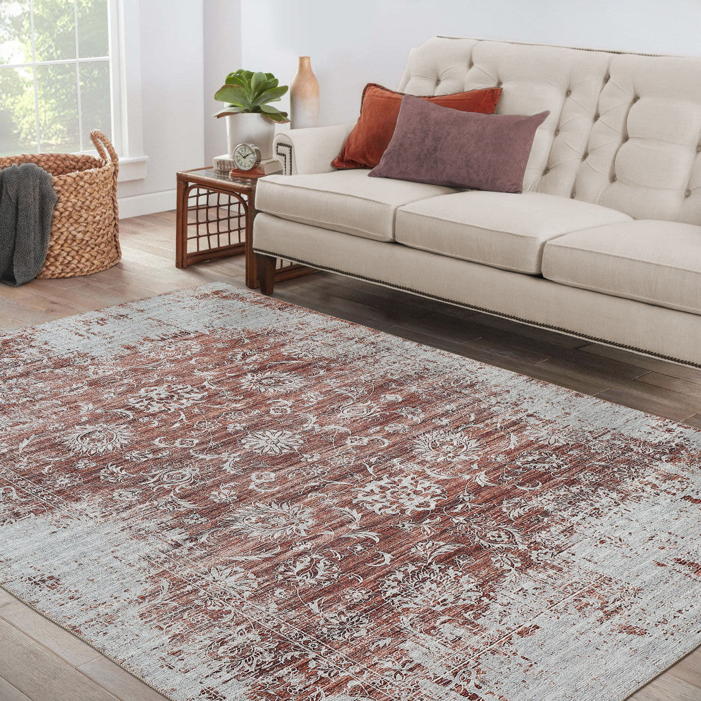 4' X 6' Rust Oriental Distressed Stain Resistant Area Rug