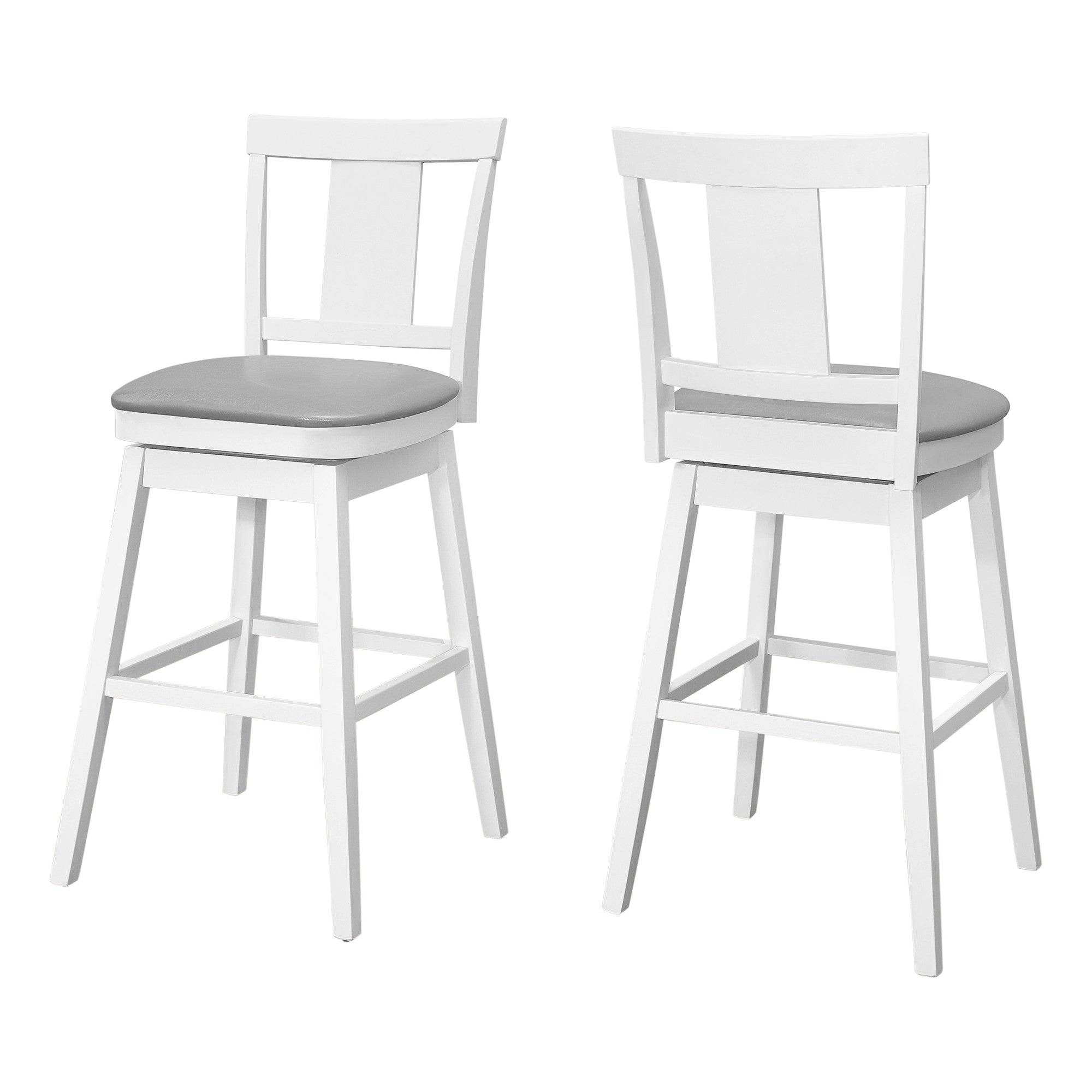 Set of Two 28" Gray And White Faux Leather And Solid Wood Swivel Counter Height Bar Chairs