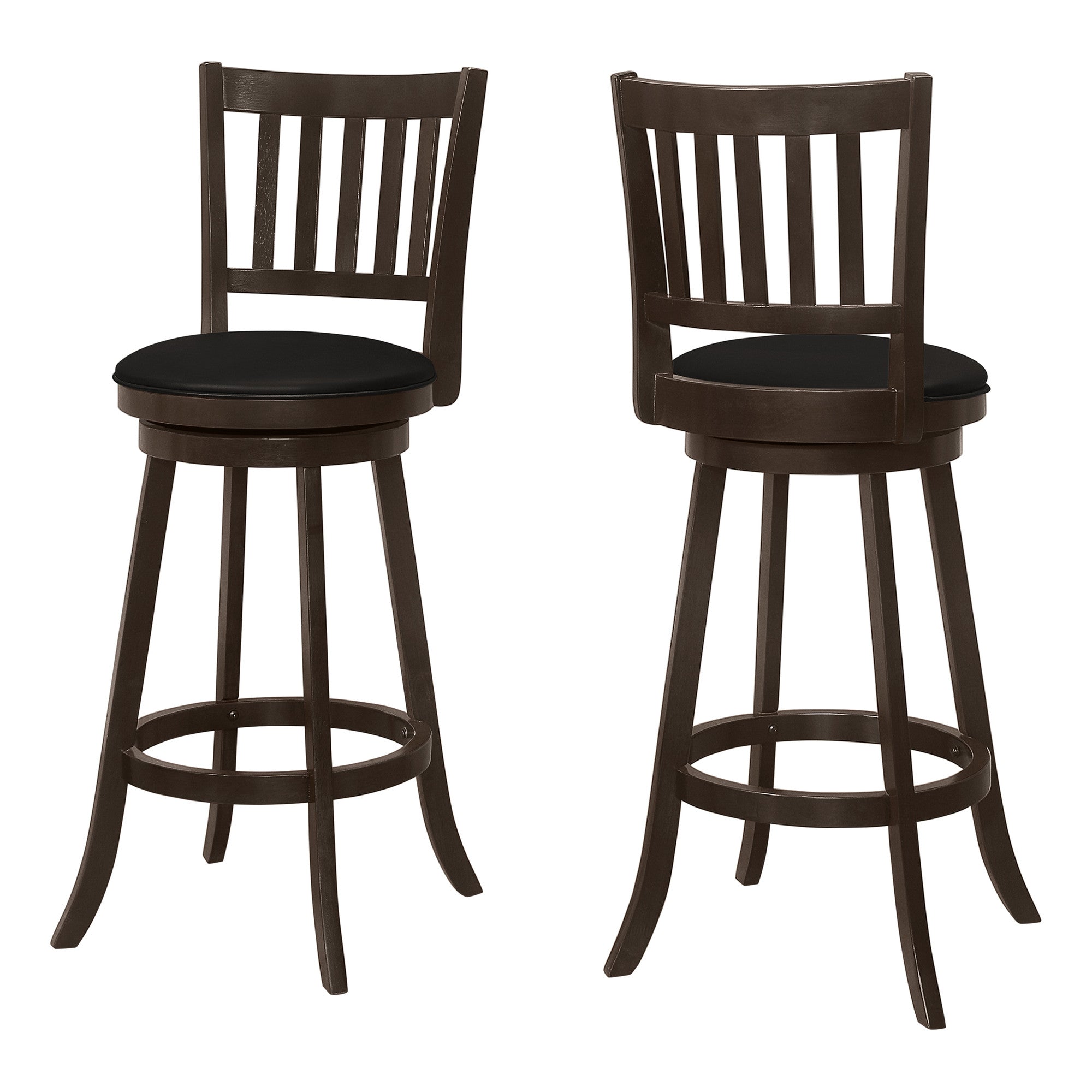 Set of Two 29" Black And Espresso Faux Leather And Solid Wood Swivel Bar Height Bar Chairs