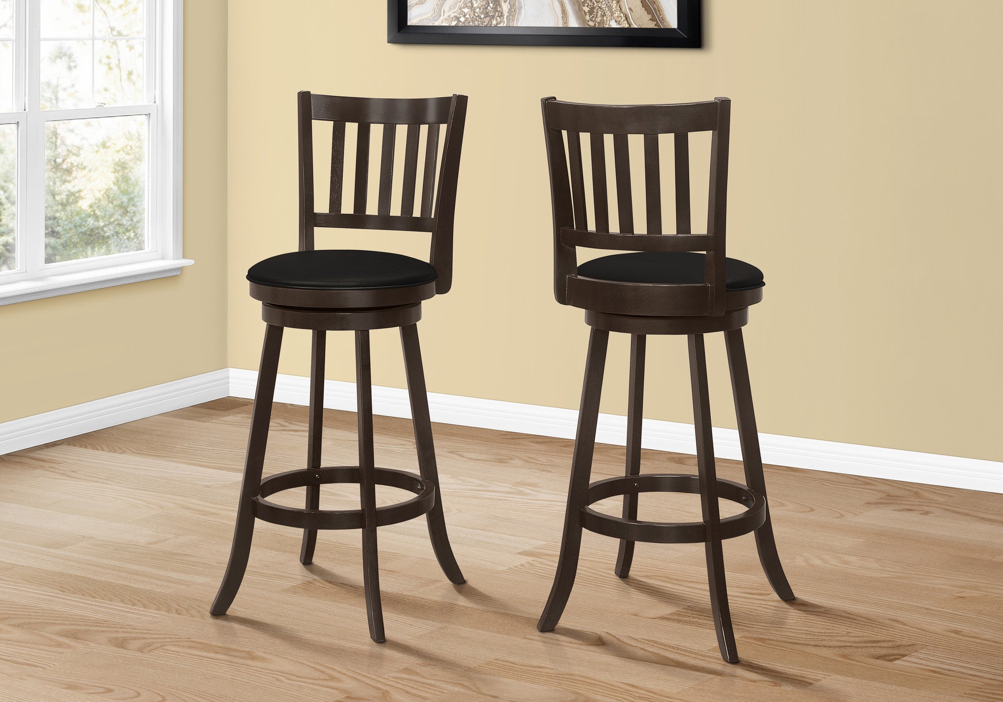 Set of Two 29" Black And Espresso Faux Leather And Solid Wood Swivel Bar Height Bar Chairs