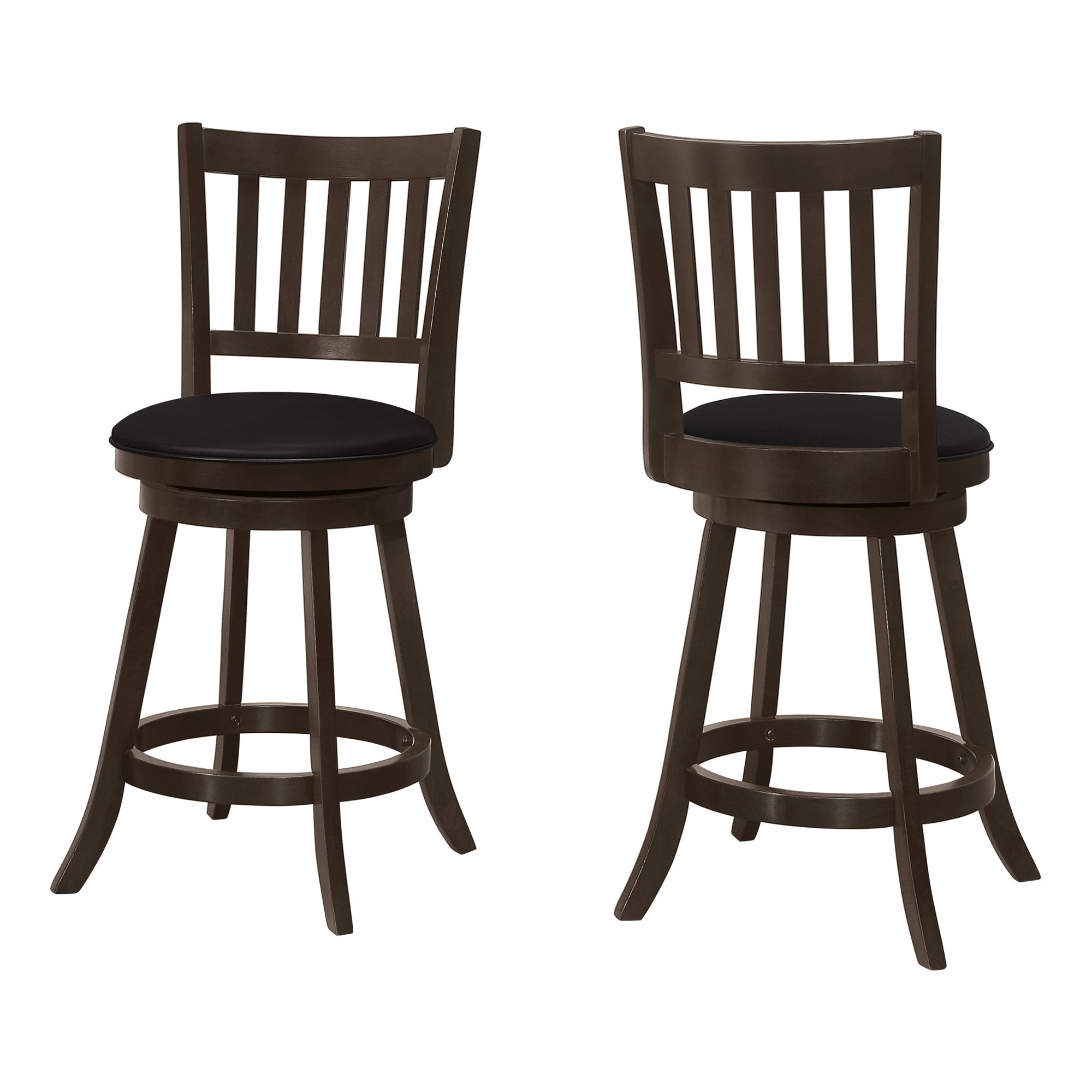 Set of Two 23" Black And Espresso Faux Leather And Solid Wood Swivel Counter Height Bar Chairs