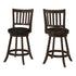 Set of Two 23" Black And Espresso Faux Leather And Solid Wood Swivel Counter Height Bar Chairs